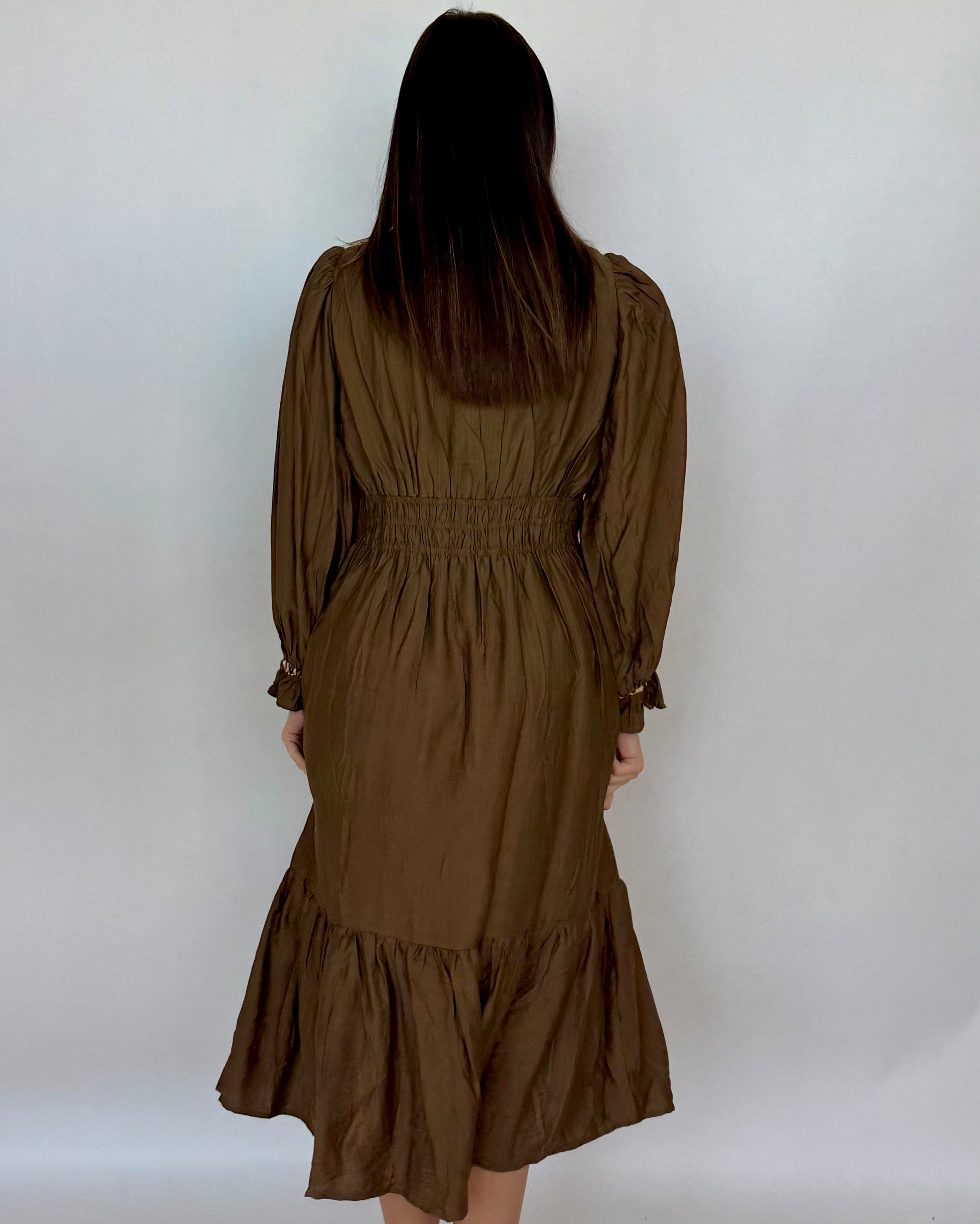 Don't Doubt Brown Ruffle Midi Dress-Shop-Womens-Boutique-Clothing