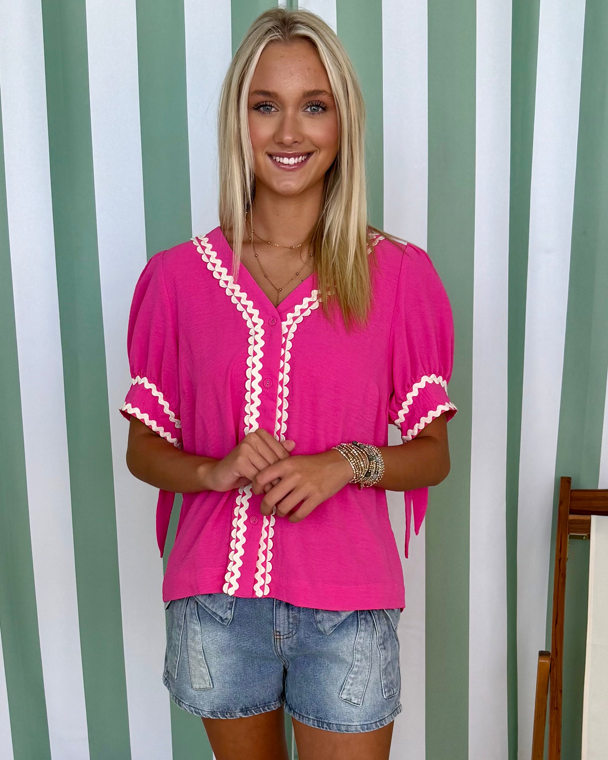 Of Style Hot Pink Ric Rac Top-Shop-Womens-Boutique-Clothing
