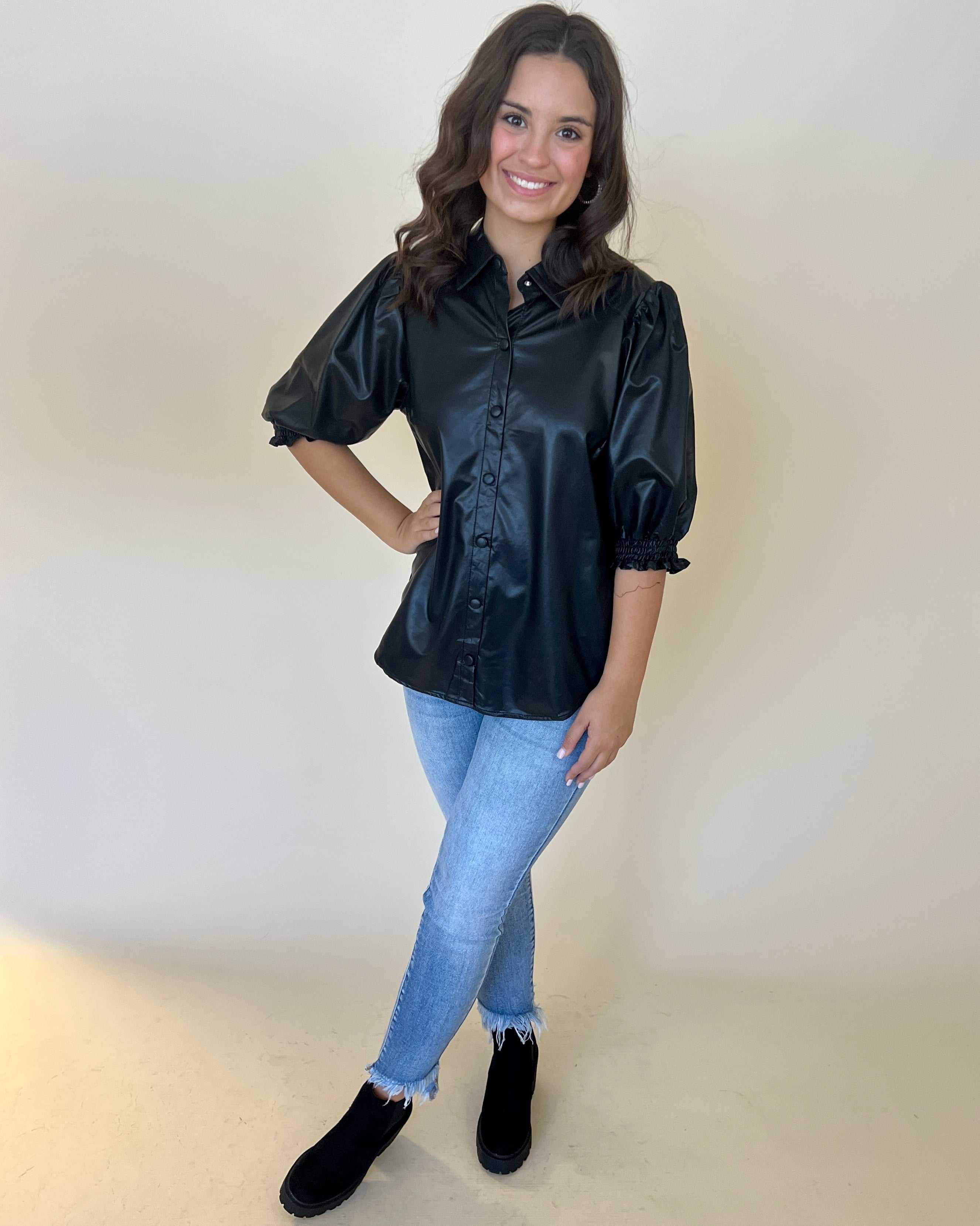Never Pretend Black Faux Leather Top-Shop-Womens-Boutique-Clothing