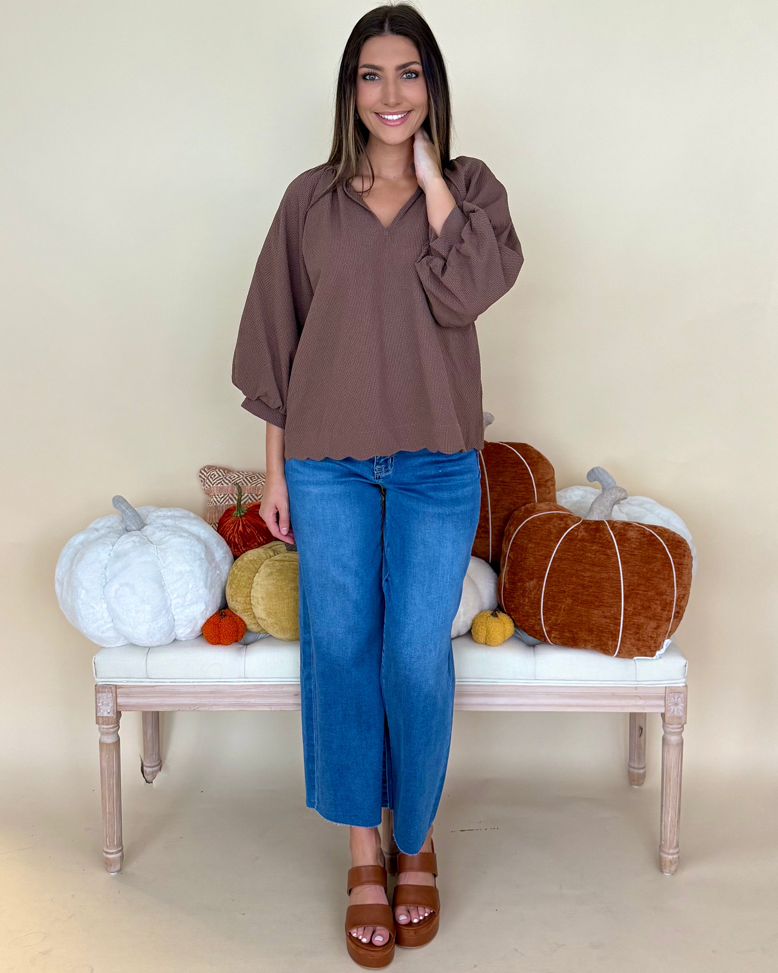 As It Is Chocolate Textured 3/4 Sleeve Top-Shop-Womens-Boutique-Clothing