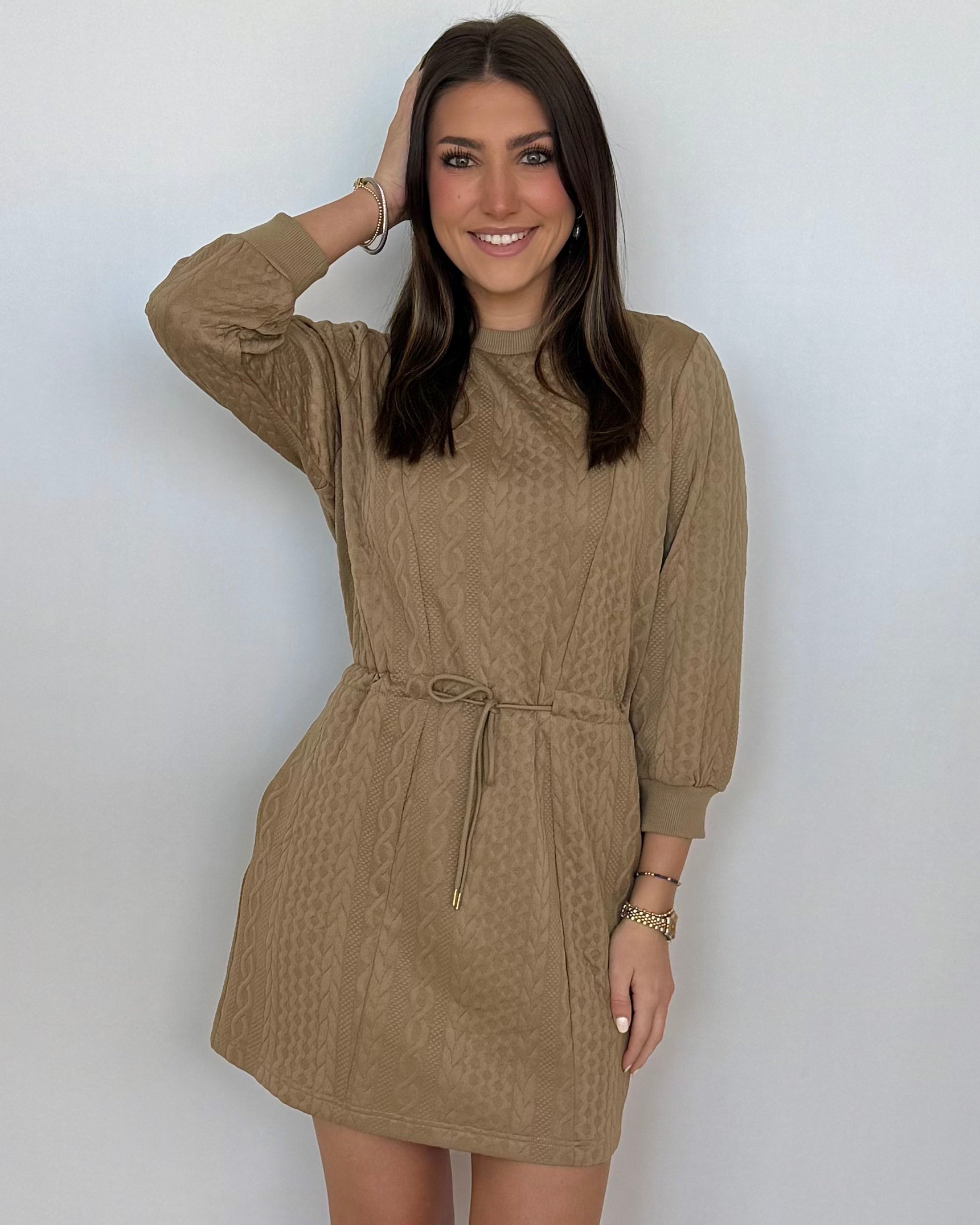Finding Ways Taupe Cable Tie Waist Dress-Shop-Womens-Boutique-Clothing