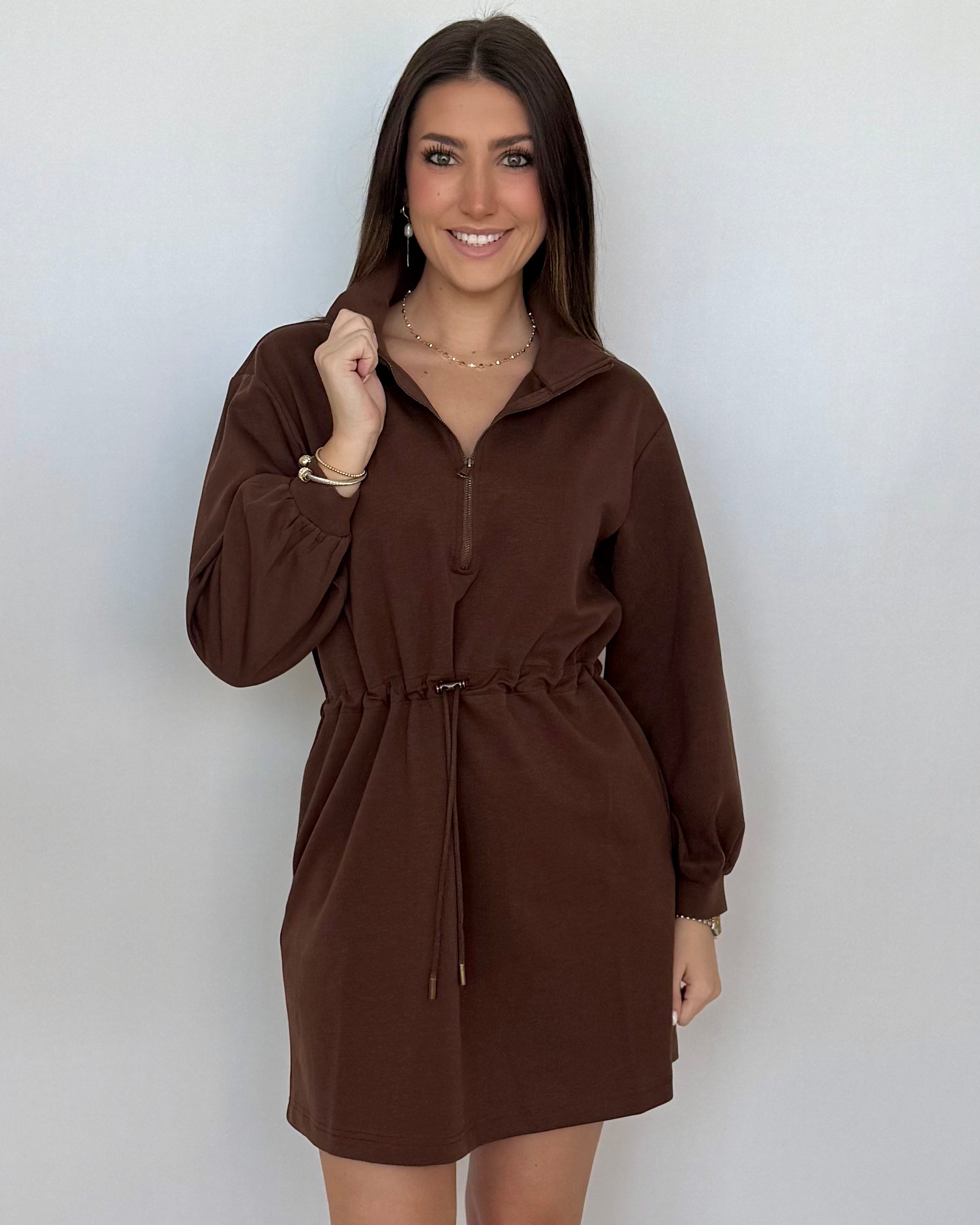 Let You Win Coffee Zip Drawstring Dress-Shop-Womens-Boutique-Clothing