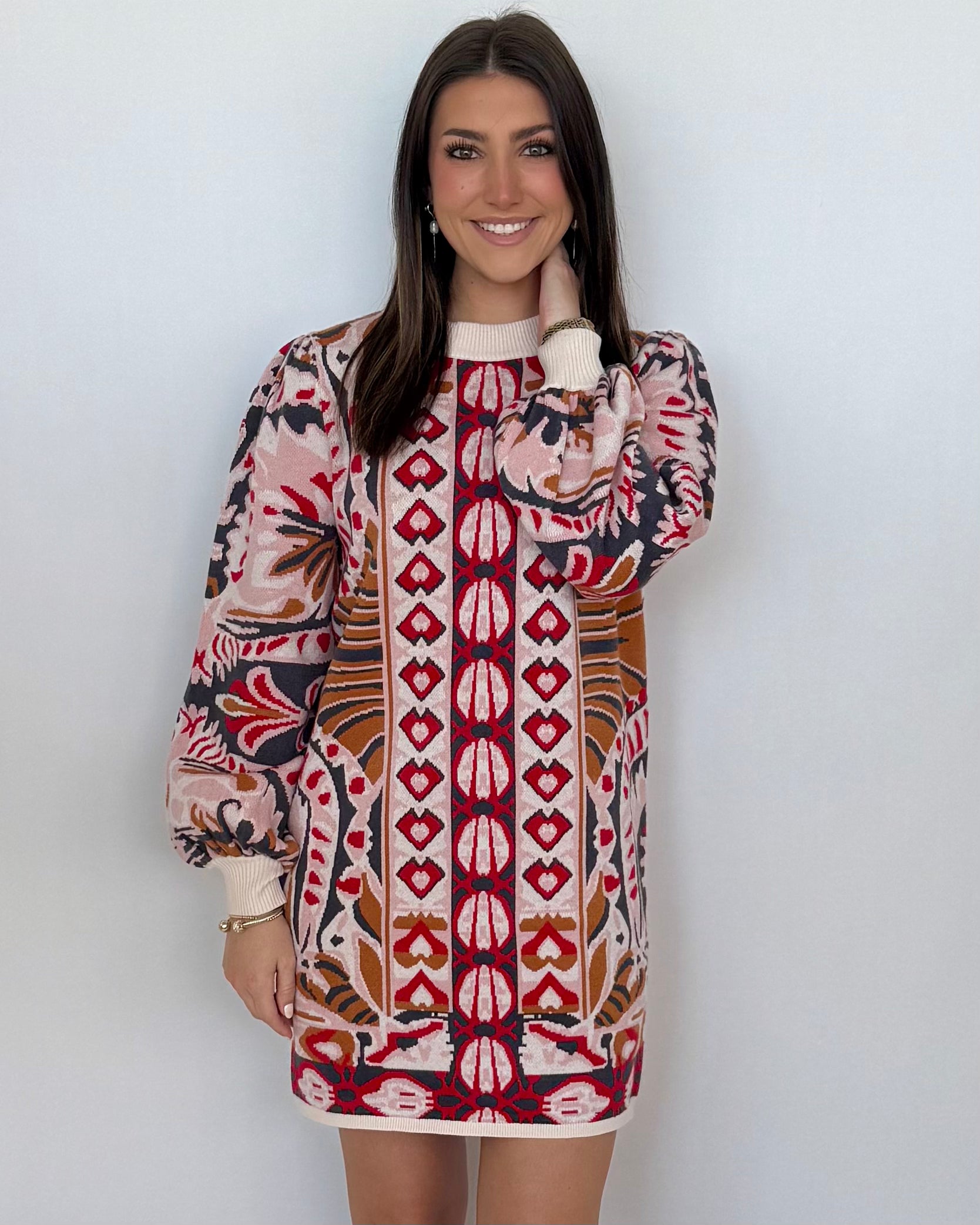 Mulberry Kiss Beige Floral Jacquard Knit Dress-Shop-Womens-Boutique-Clothing