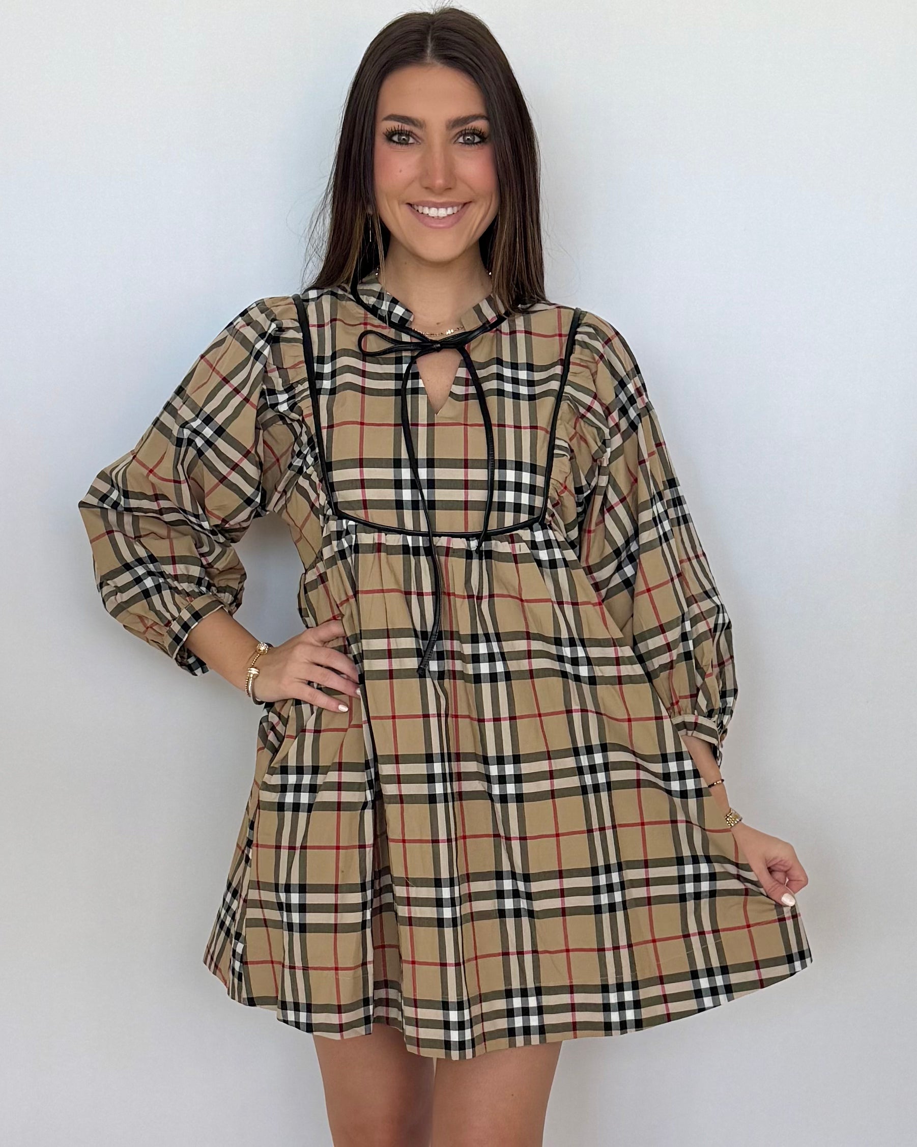 Wrapped In Joy Taupe Plaid Babydoll Dress-Shop-Womens-Boutique-Clothing