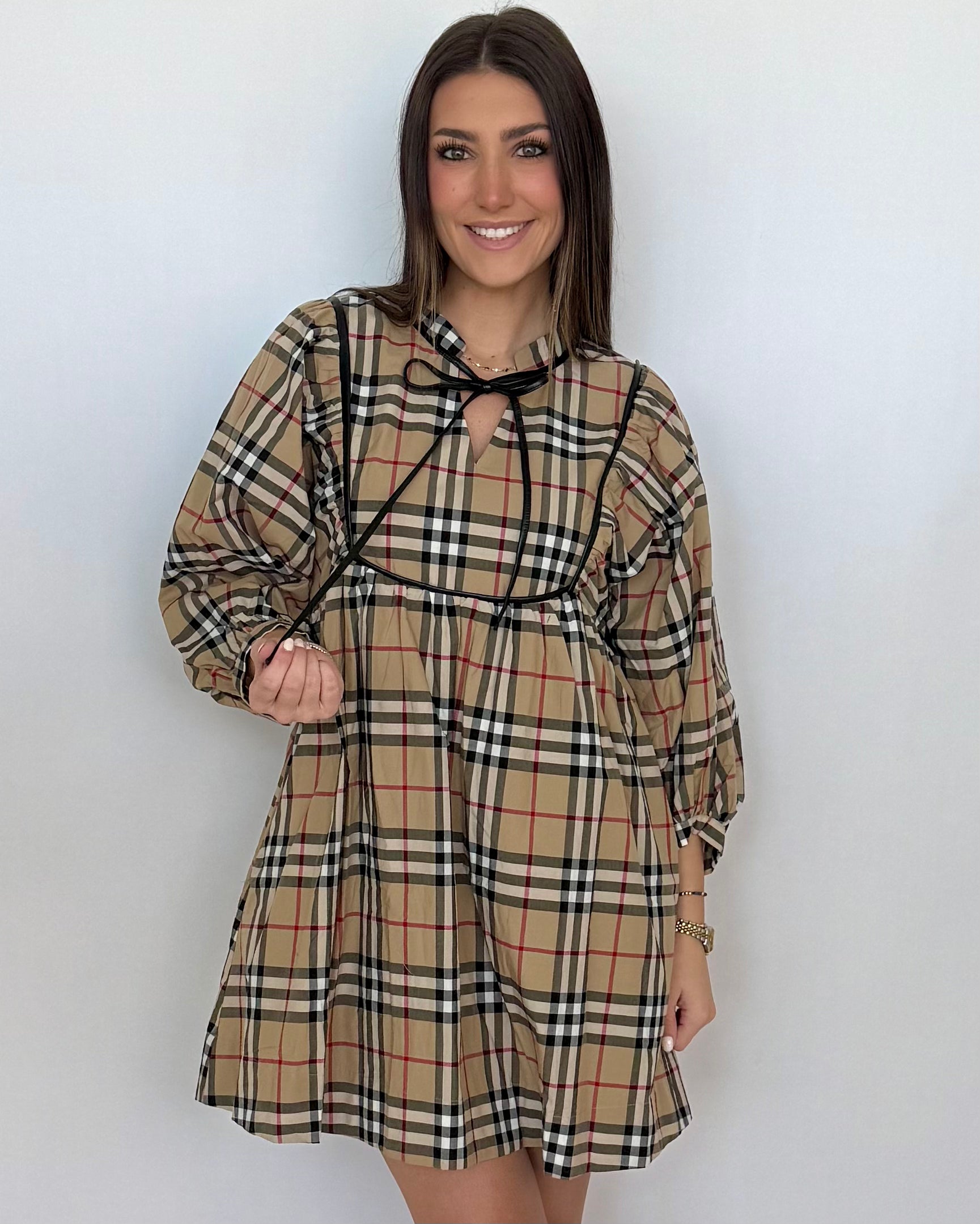 Wrapped In Joy Taupe Plaid Babydoll Dress-Shop-Womens-Boutique-Clothing