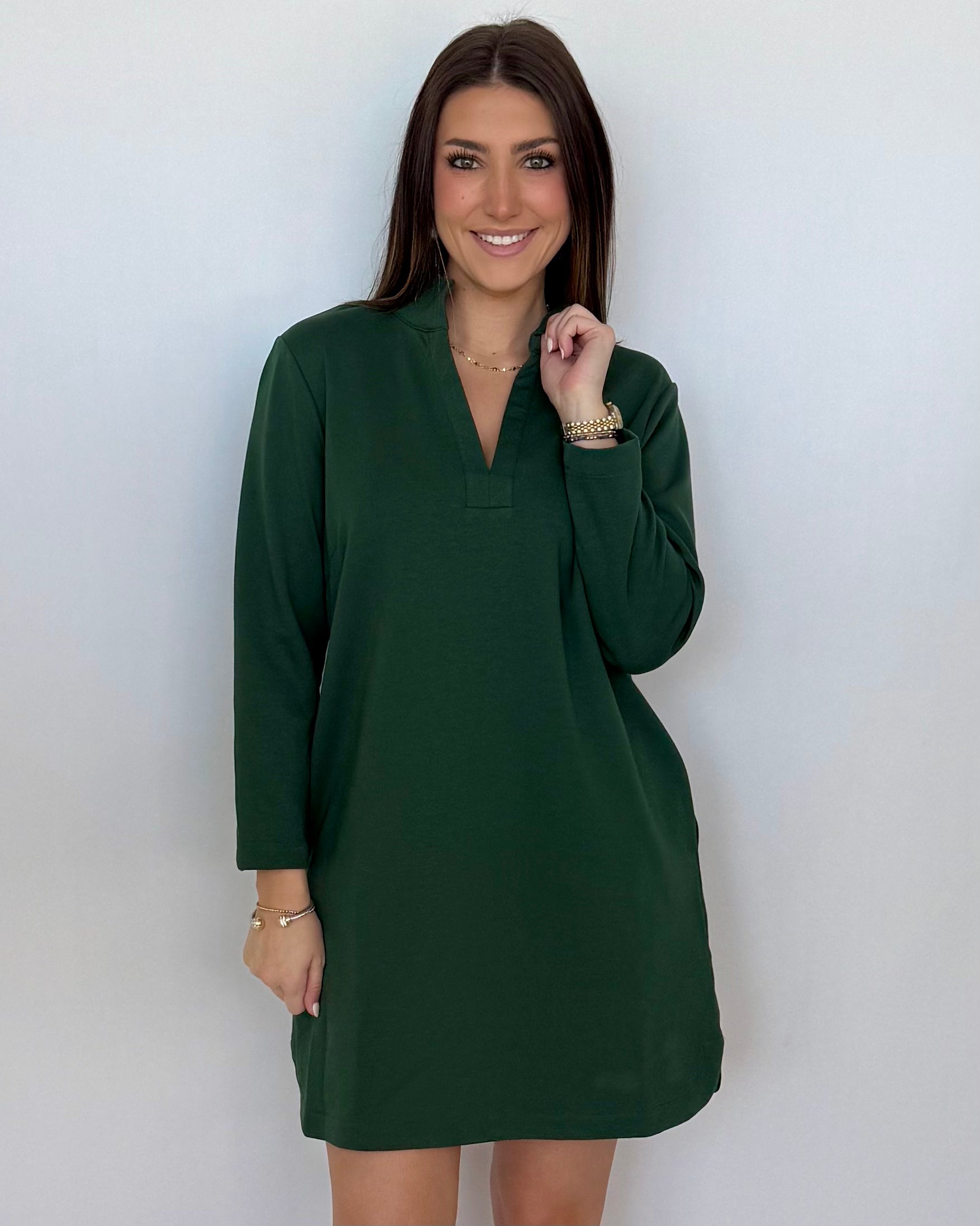 Cozy Up H Green Split Pocket Dress-Shop-Womens-Boutique-Clothing
