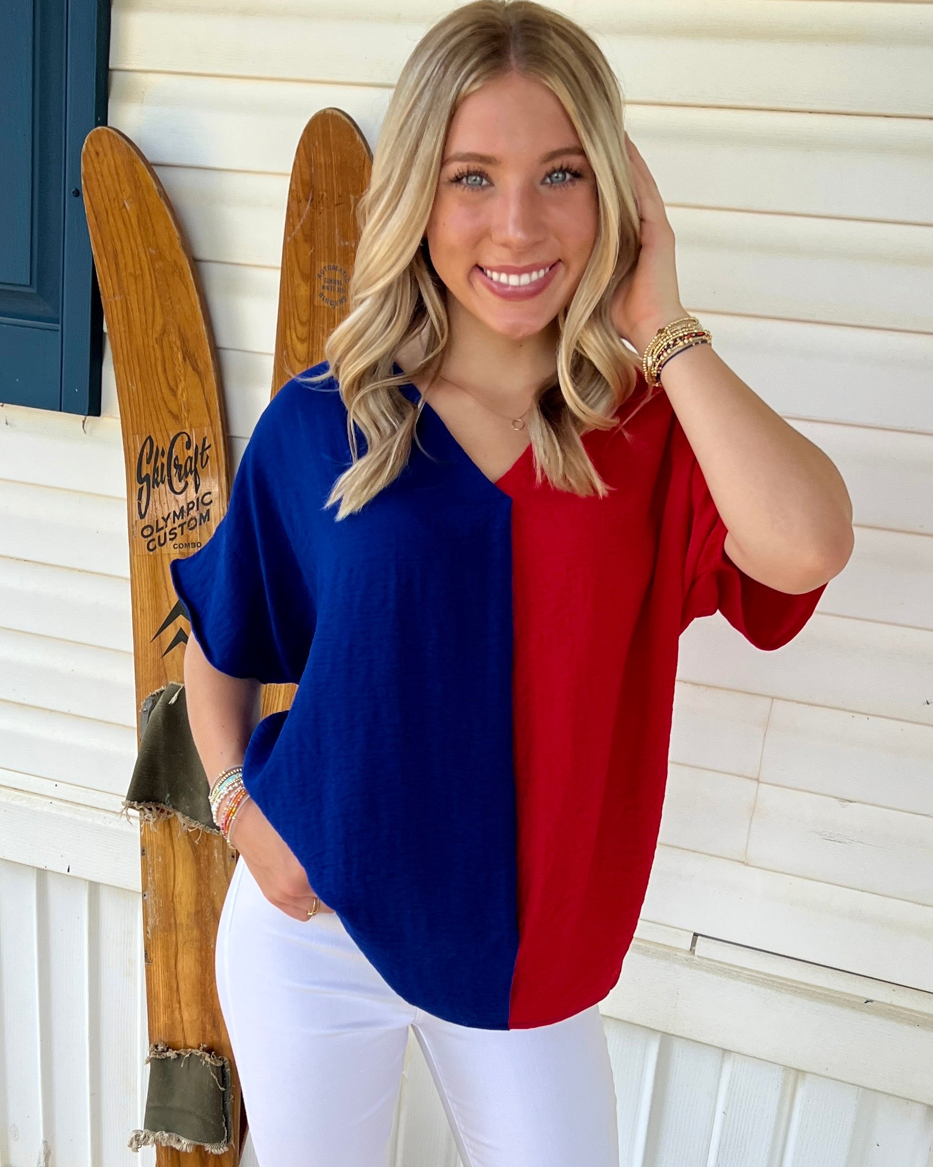 Many Moments Royal/Red Color Block V-neck Top-Shop-Womens-Boutique-Clothing