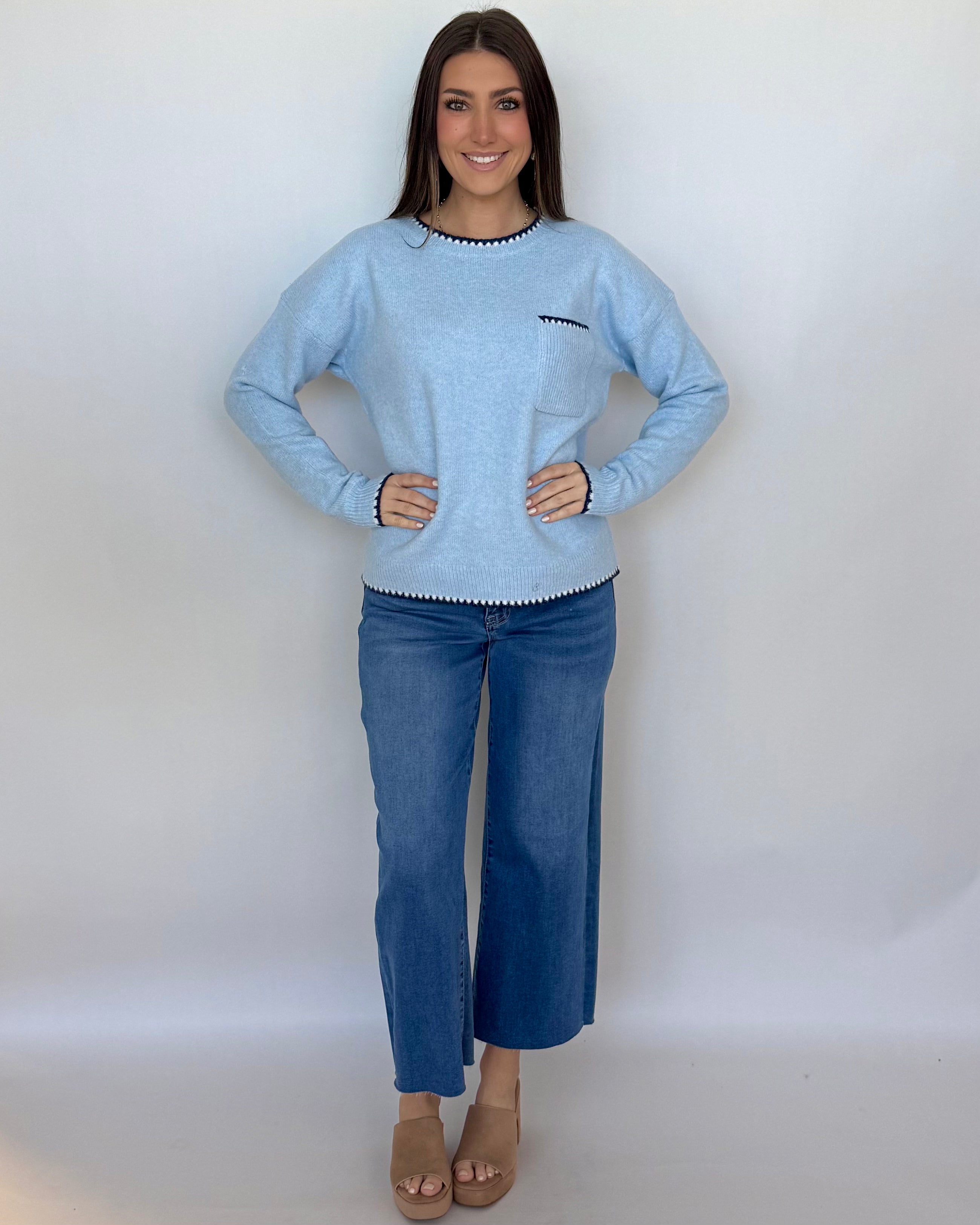 Another Day Lt Blue Stitch Pocket Sweater-Shop-Womens-Boutique-Clothing
