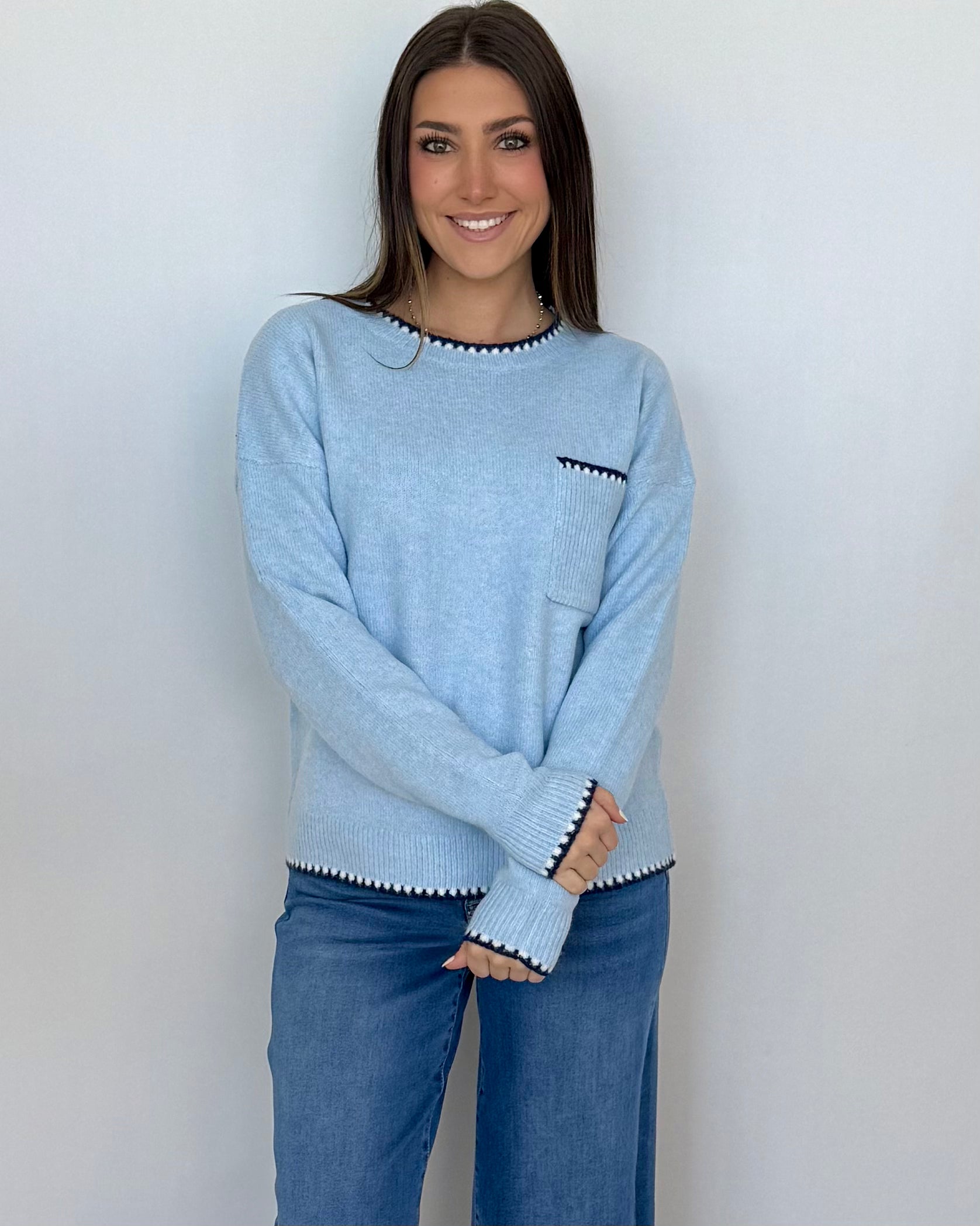 Another Day Lt Blue Stitch Pocket Sweater-Shop-Womens-Boutique-Clothing