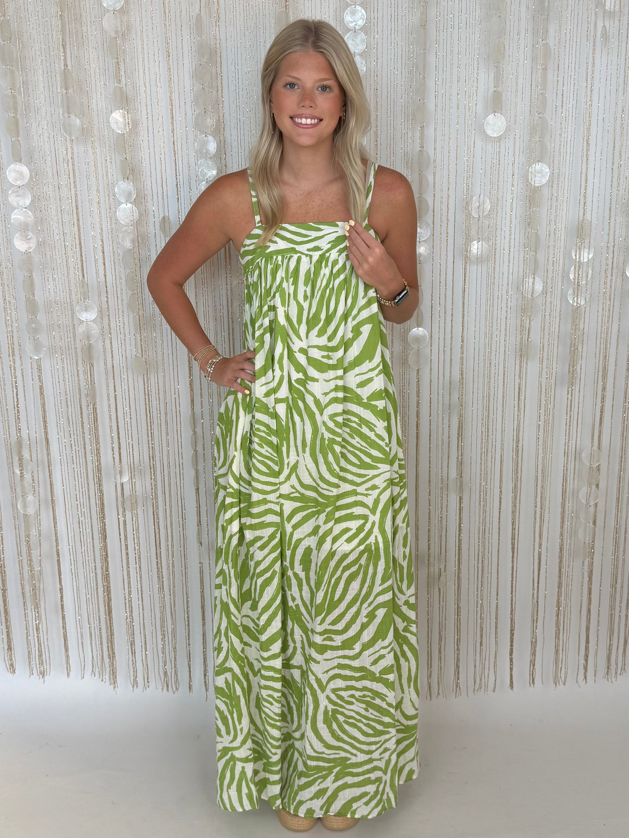 Bright Side Matcha Zebra Print Smocked Midi Dress-Shop-Womens-Boutique-Clothing
