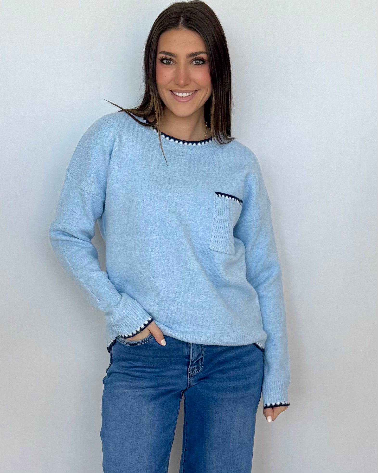 Another Day Lt Blue Stitch Pocket Sweater-Shop-Womens-Boutique-Clothing