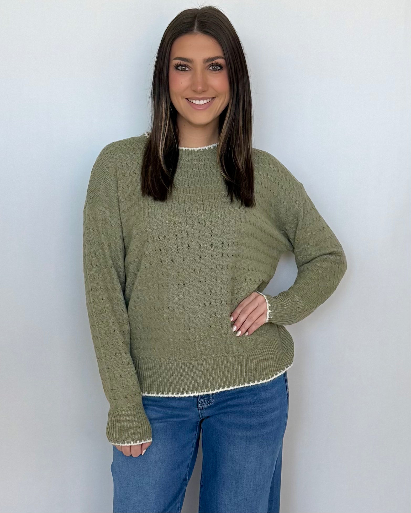 Doing My Best Lt Olive Stitched Cable Sweater-Shop-Womens-Boutique-Clothing