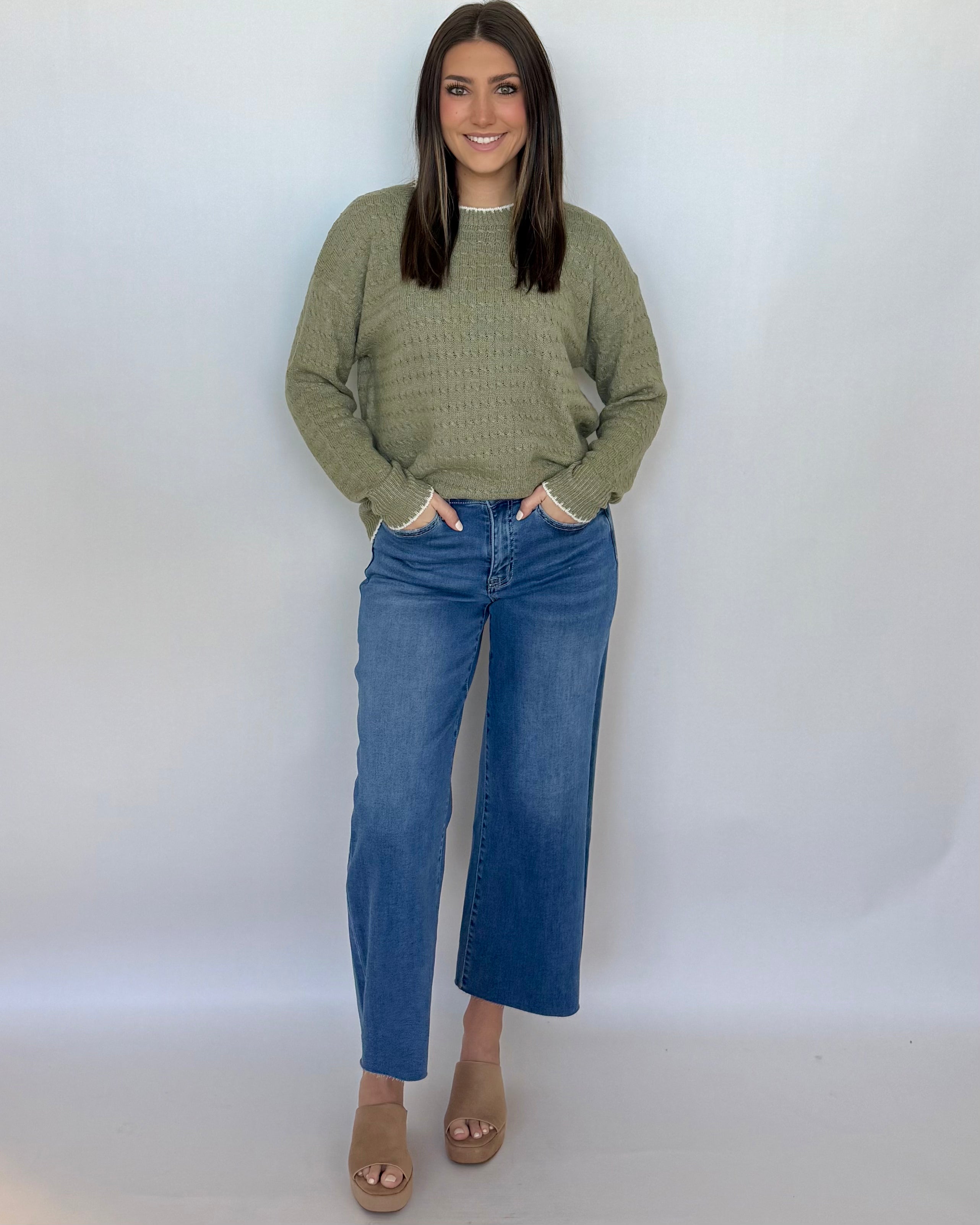 Doing My Best Lt Olive Stitched Cable Sweater-Shop-Womens-Boutique-Clothing