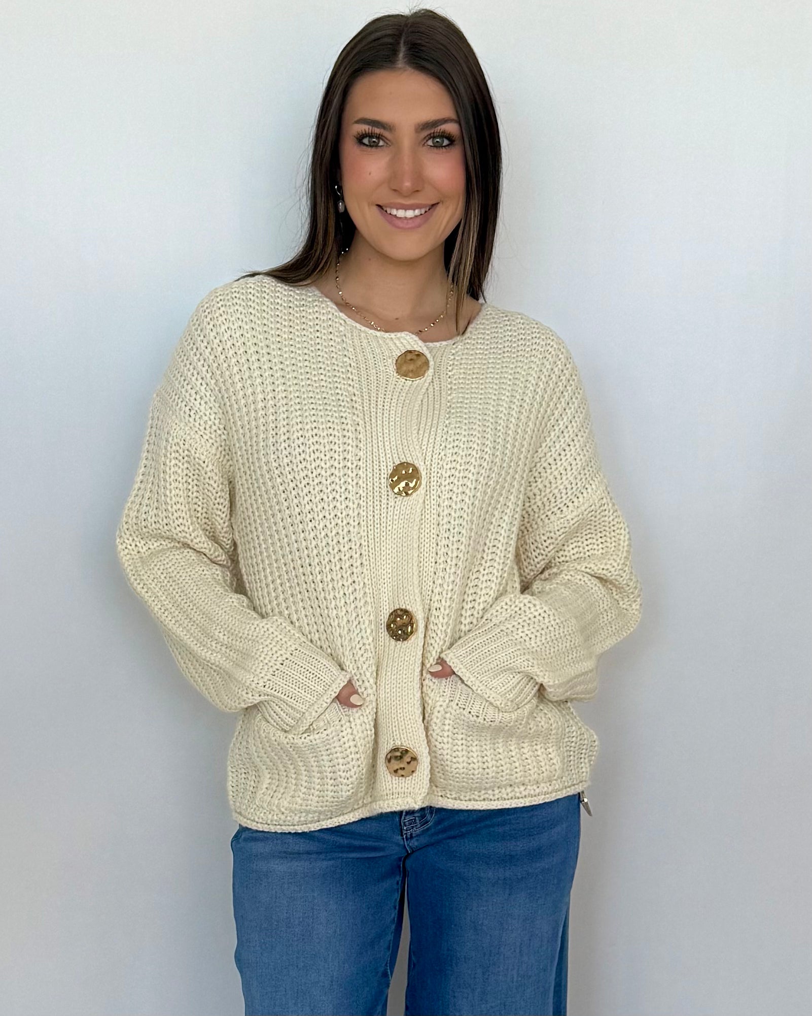 One Love Cream Gold Button Sweater Cardigan-Shop-Womens-Boutique-Clothing