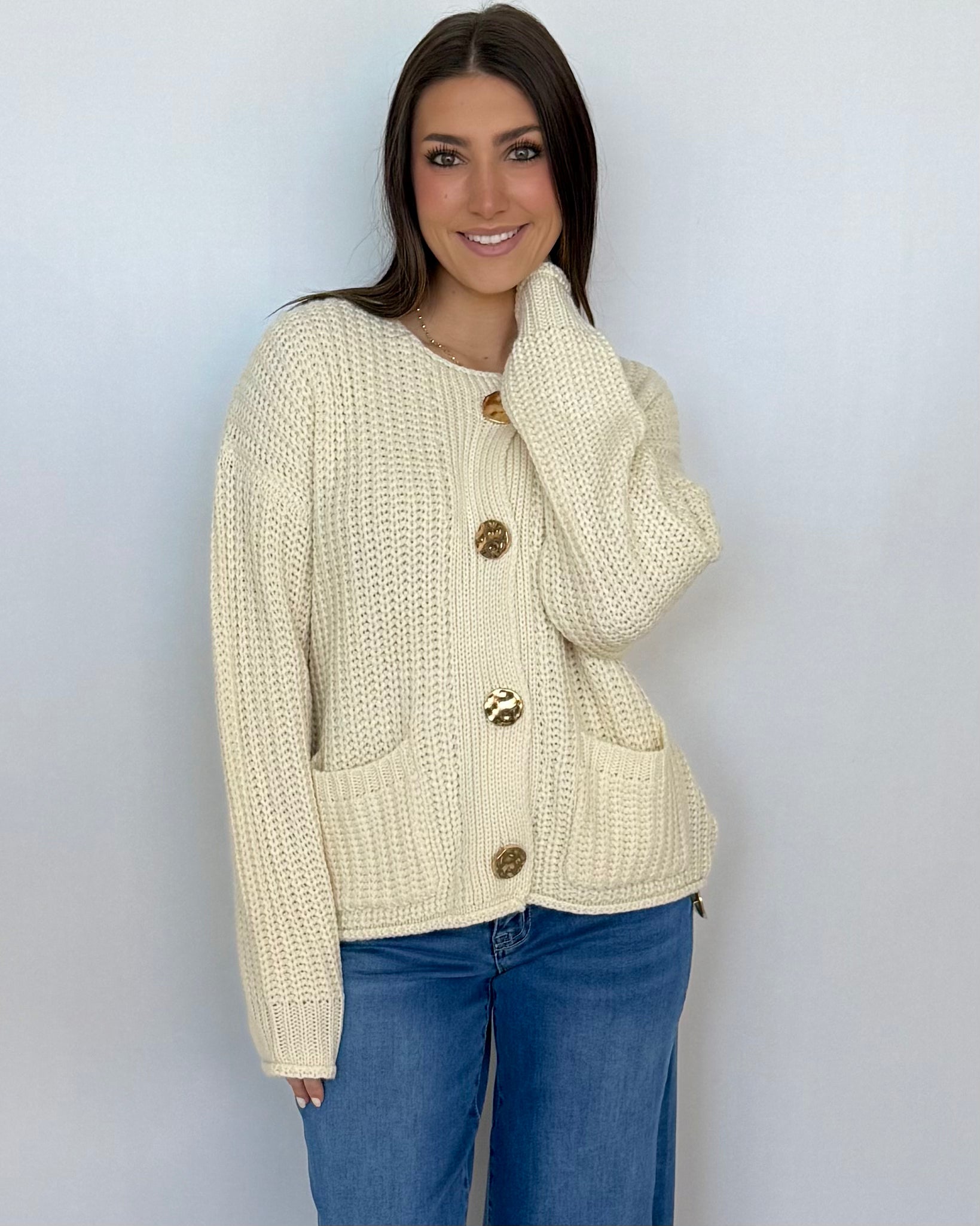 One Love Cream Gold Button Sweater Cardigan-Shop-Womens-Boutique-Clothing