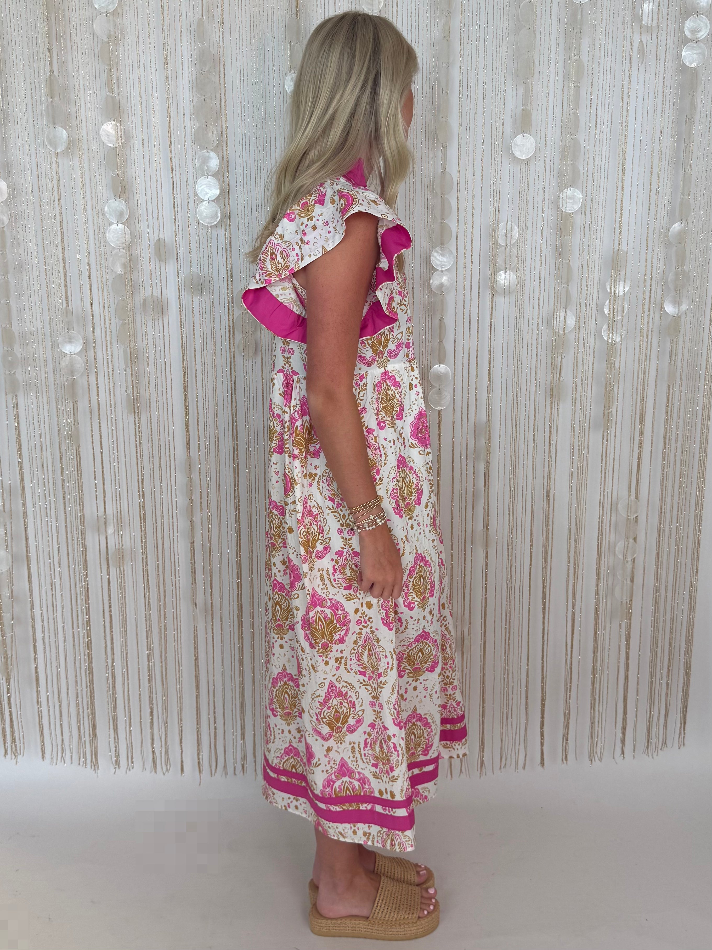 Brightly You Pink Botanical Flutter Midi Dress-Shop-Womens-Boutique-Clothing