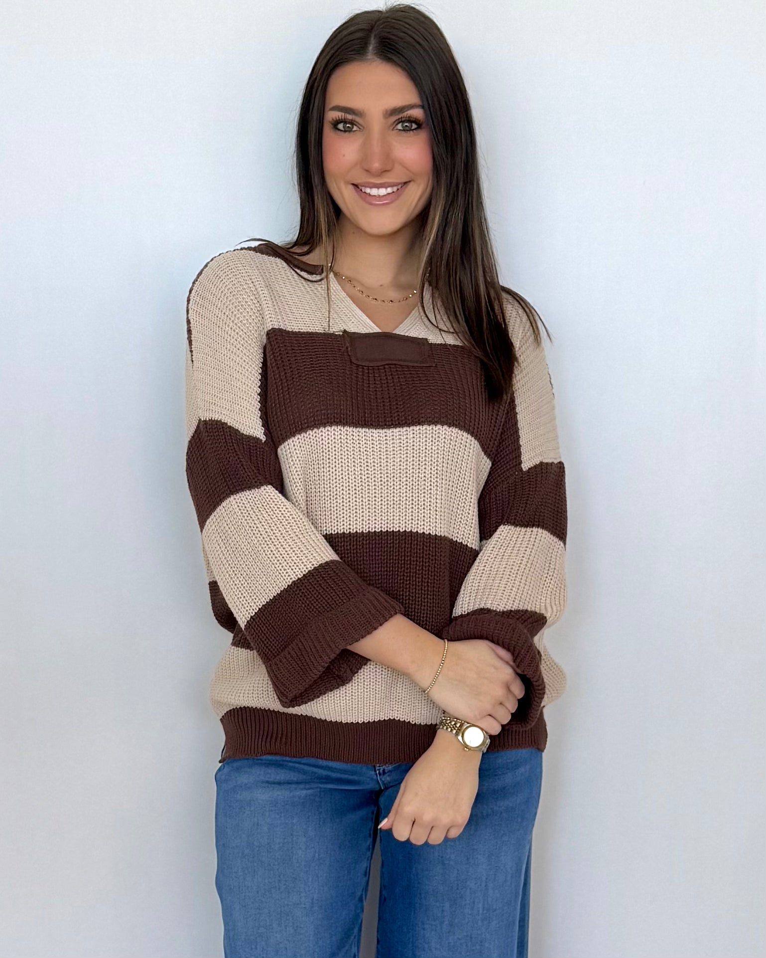 Thinking It Brown V-Neck Striped Sweater-Shop-Womens-Boutique-Clothing