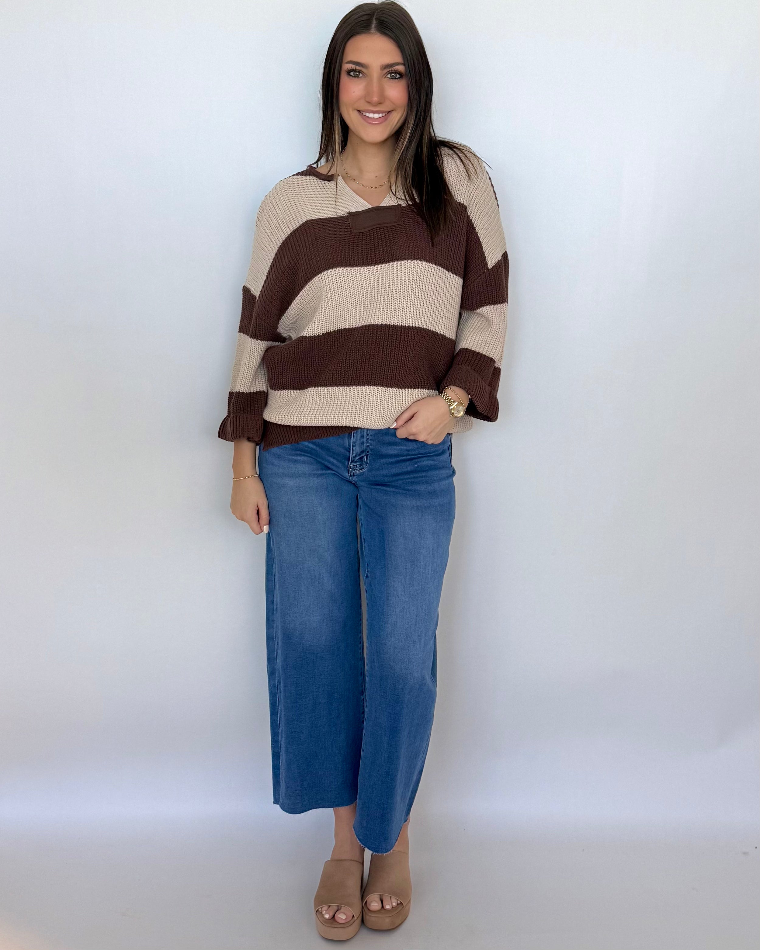 Thinking It Brown V-Neck Striped Sweater-Shop-Womens-Boutique-Clothing