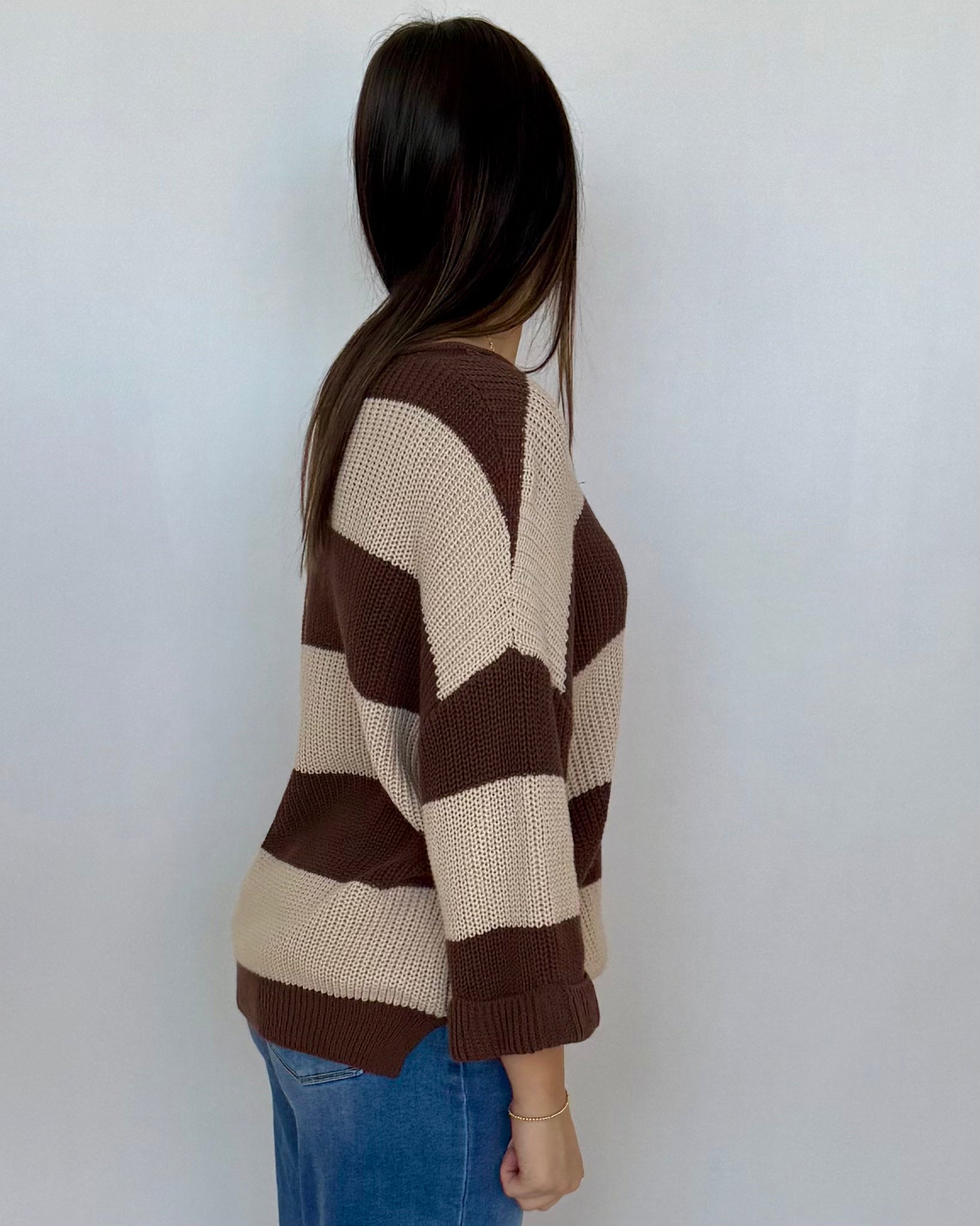 Thinking It Brown V-Neck Striped Sweater-Shop-Womens-Boutique-Clothing