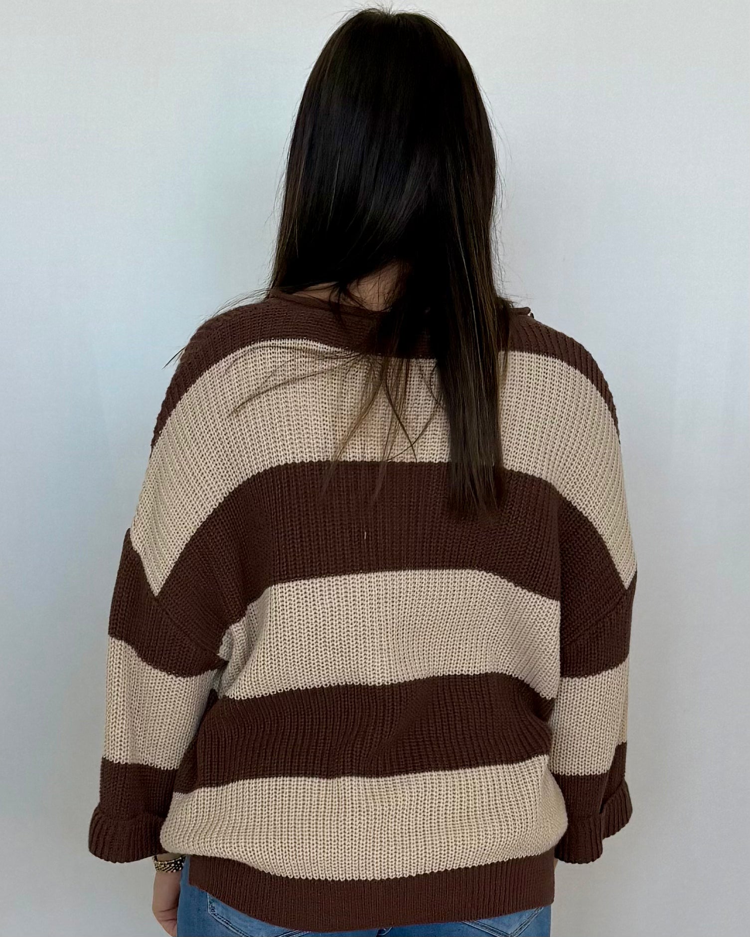 Thinking It Brown V-Neck Striped Sweater-Shop-Womens-Boutique-Clothing
