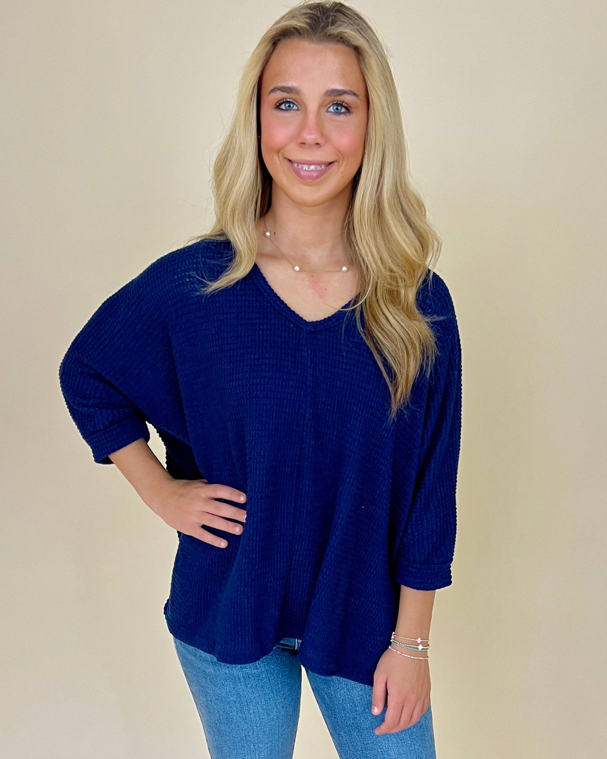 Early Start Lt Navy 3/4 Sleeve Sweater-Shop-Womens-Boutique-Clothing