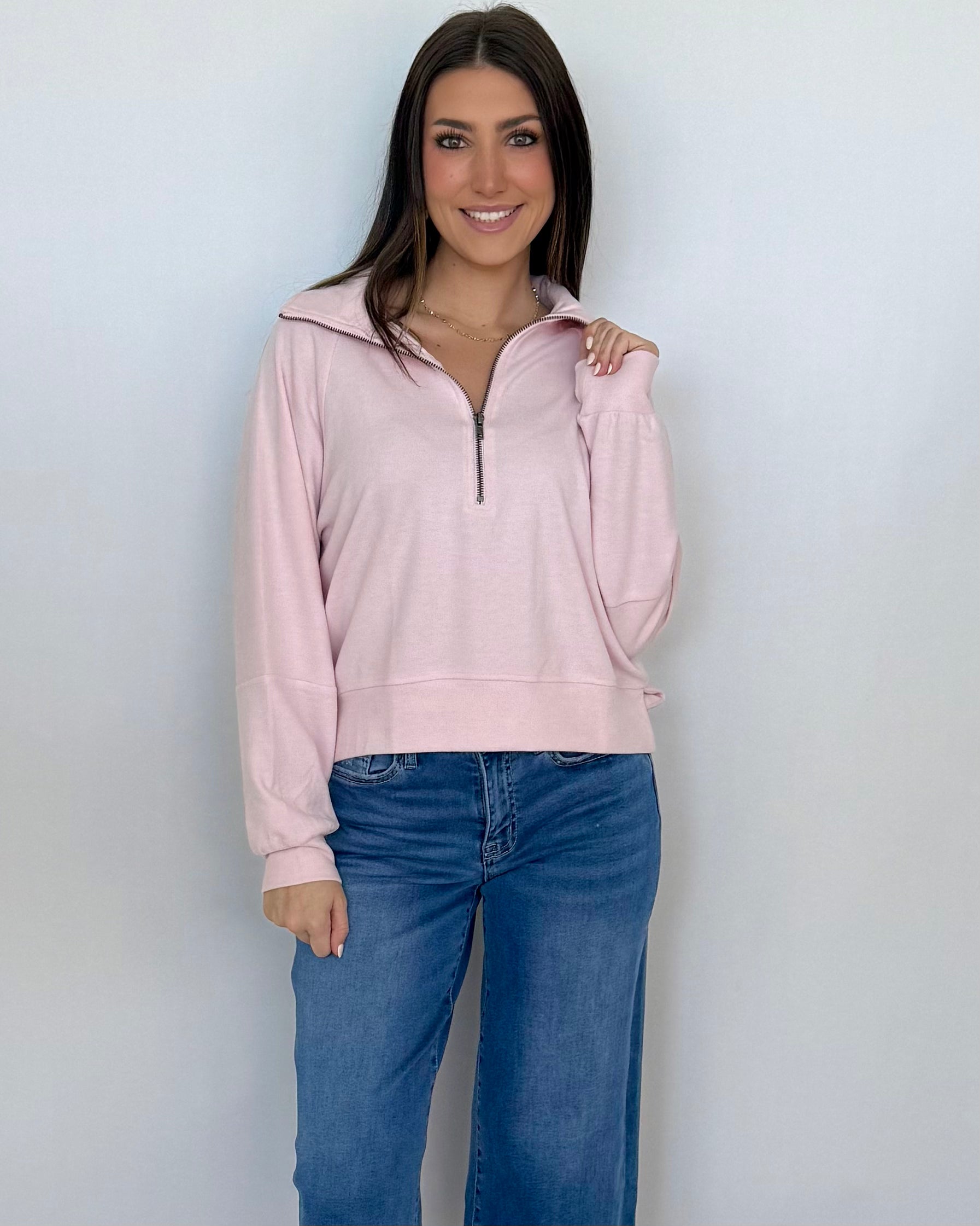 Kindly Yours Soft Pink Half Zip Sweatshirt-Shop-Womens-Boutique-Clothing