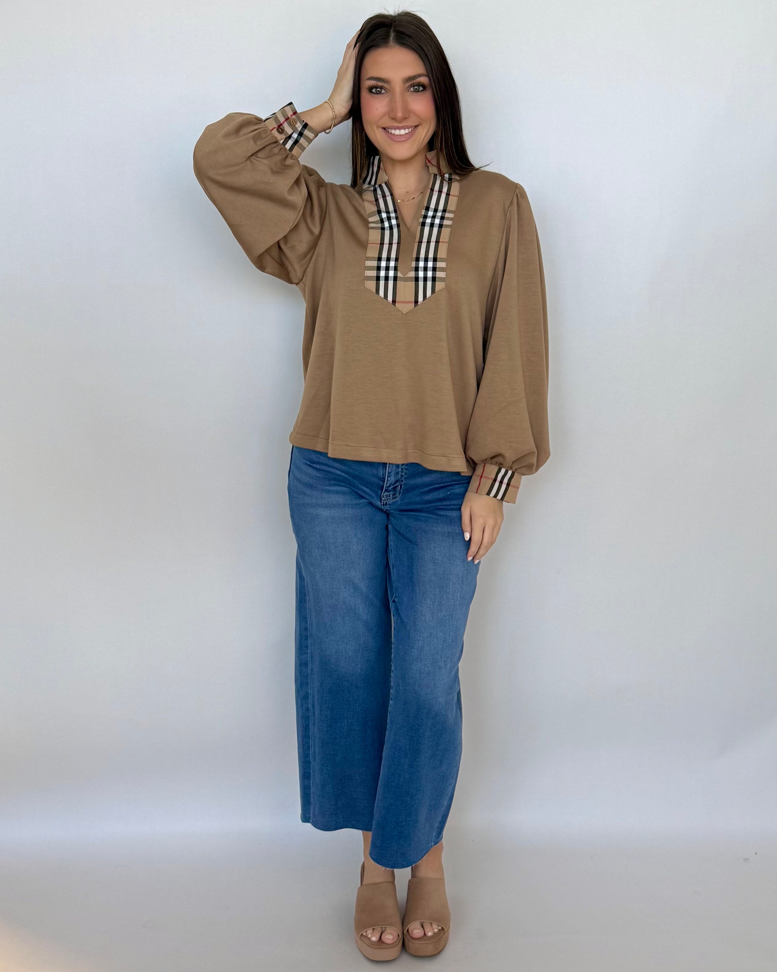 For The Best Taupe Plaid Contrast Top-Shop-Womens-Boutique-Clothing