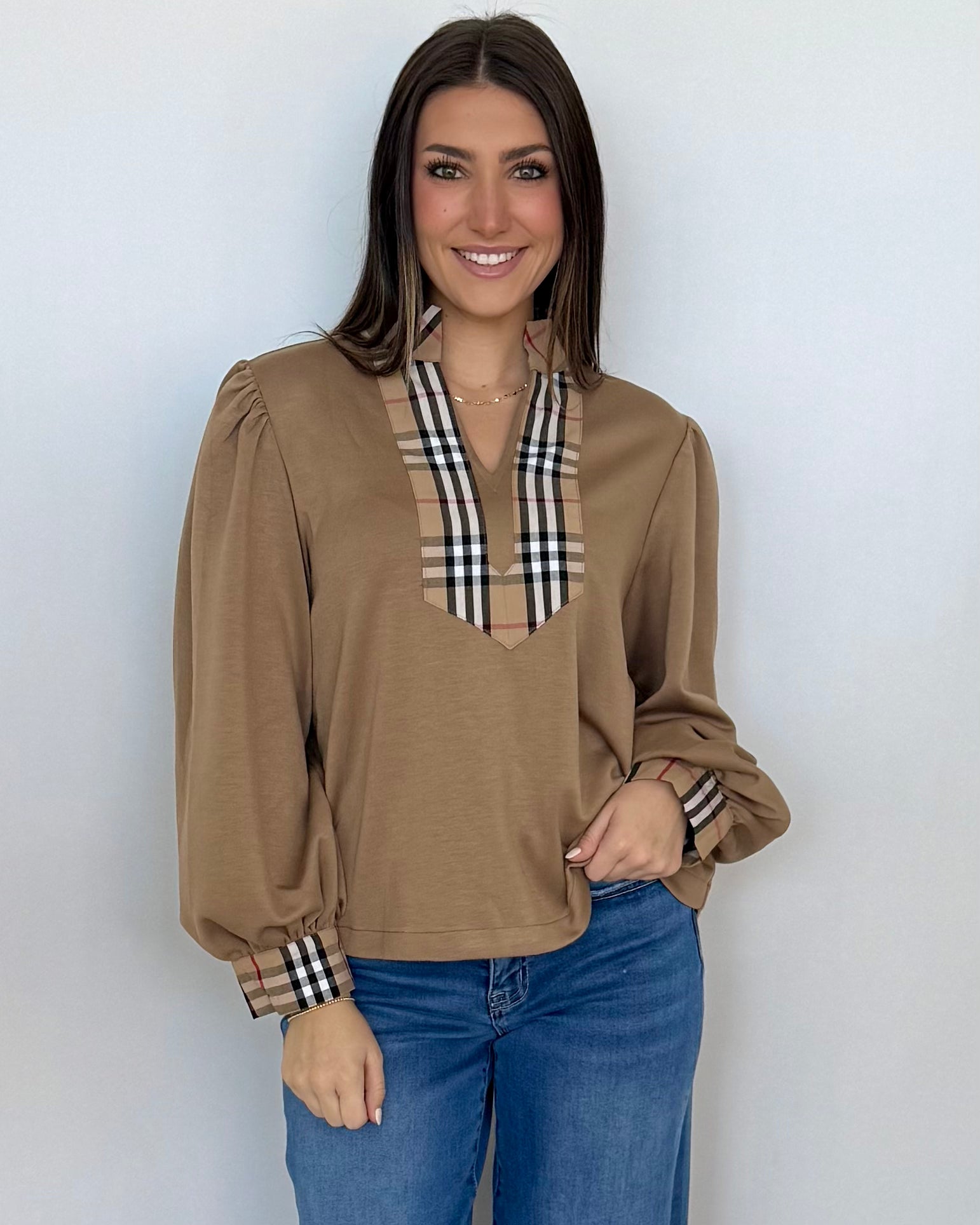 For The Best Taupe Plaid Contrast Top-Shop-Womens-Boutique-Clothing