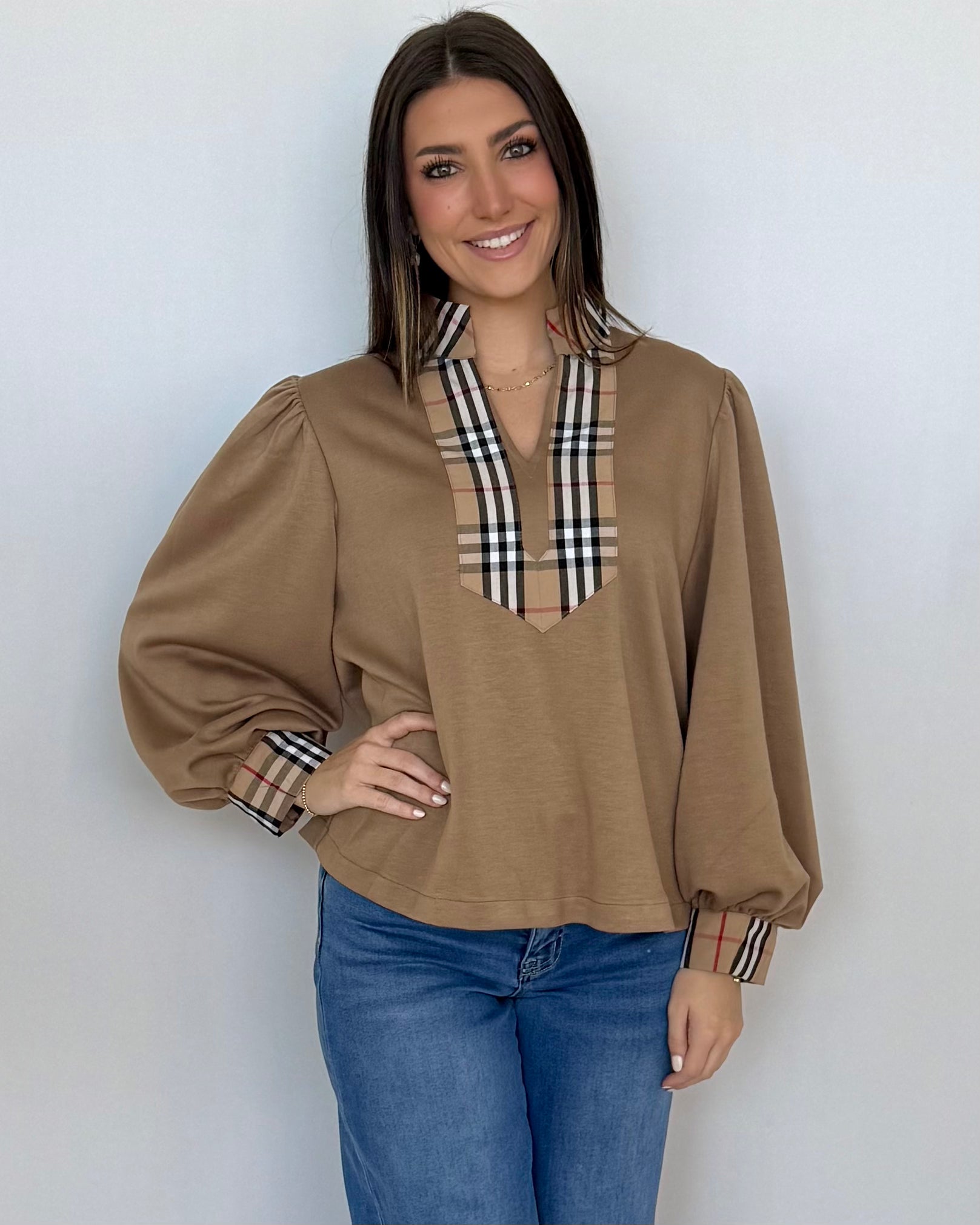 For The Best Taupe Plaid Contrast Top-Shop-Womens-Boutique-Clothing