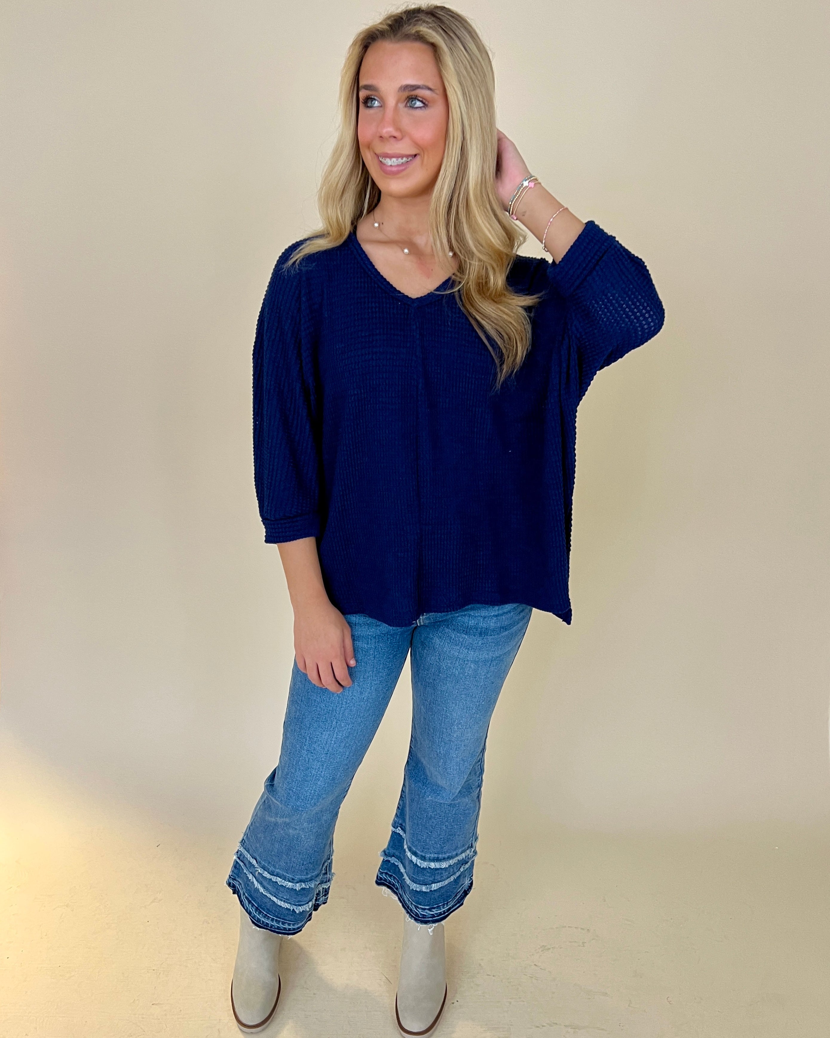Early Start Lt Navy 3/4 Sleeve Sweater-Shop-Womens-Boutique-Clothing