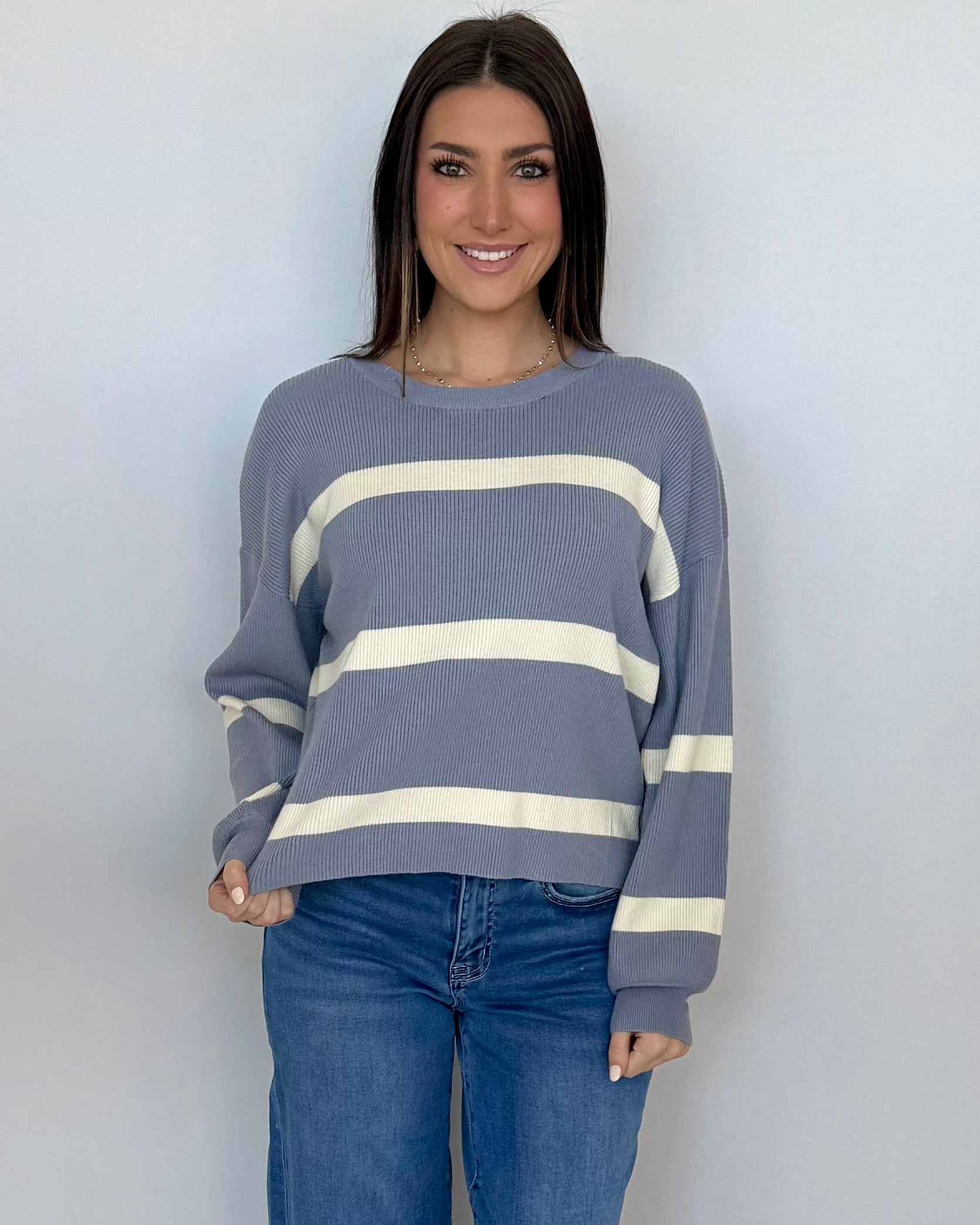 Frosty Day Dusty Blue/Ivory Striped Sweater-Shop-Womens-Boutique-Clothing