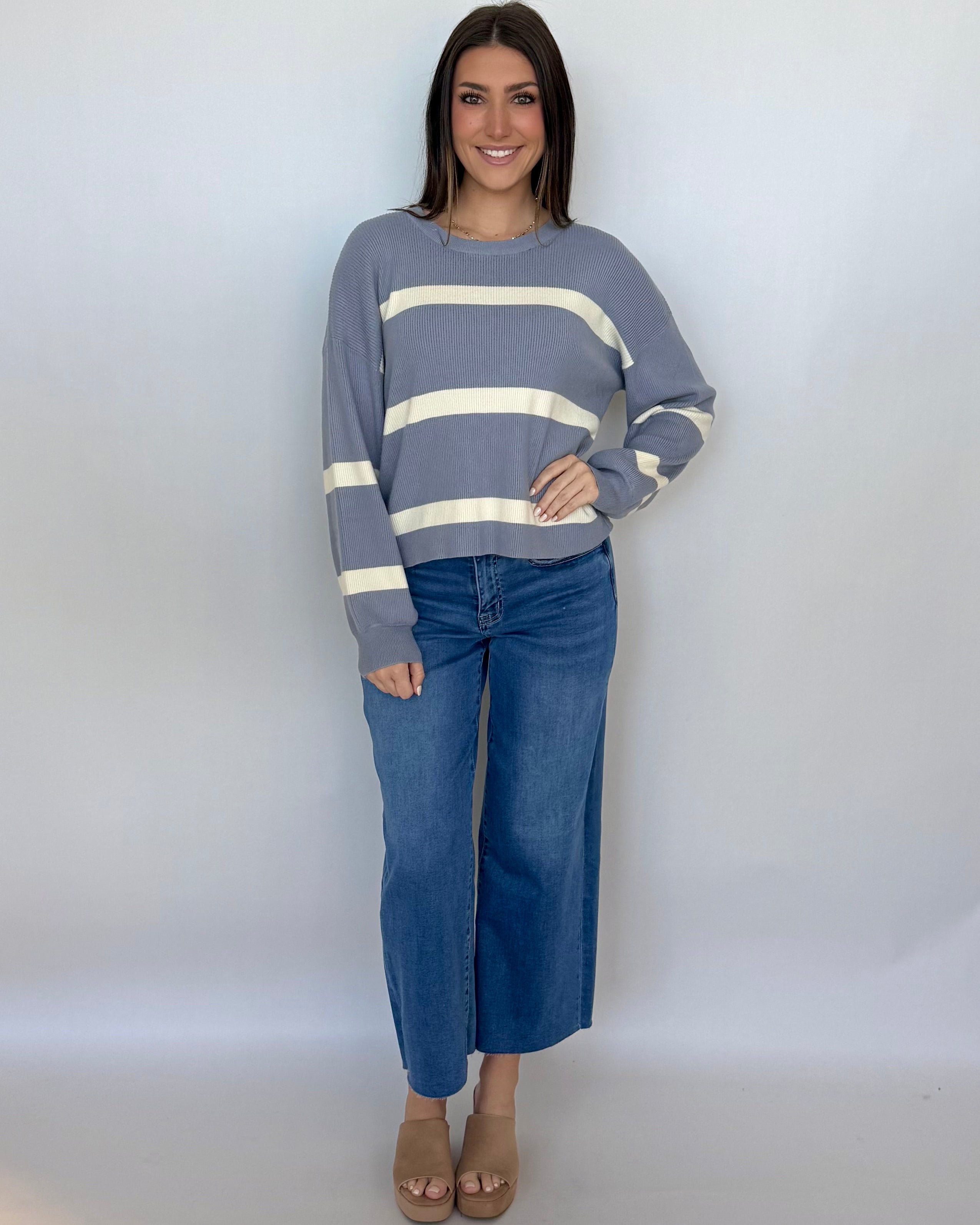 Frosty Day Dusty Blue/Ivory Striped Sweater-Shop-Womens-Boutique-Clothing