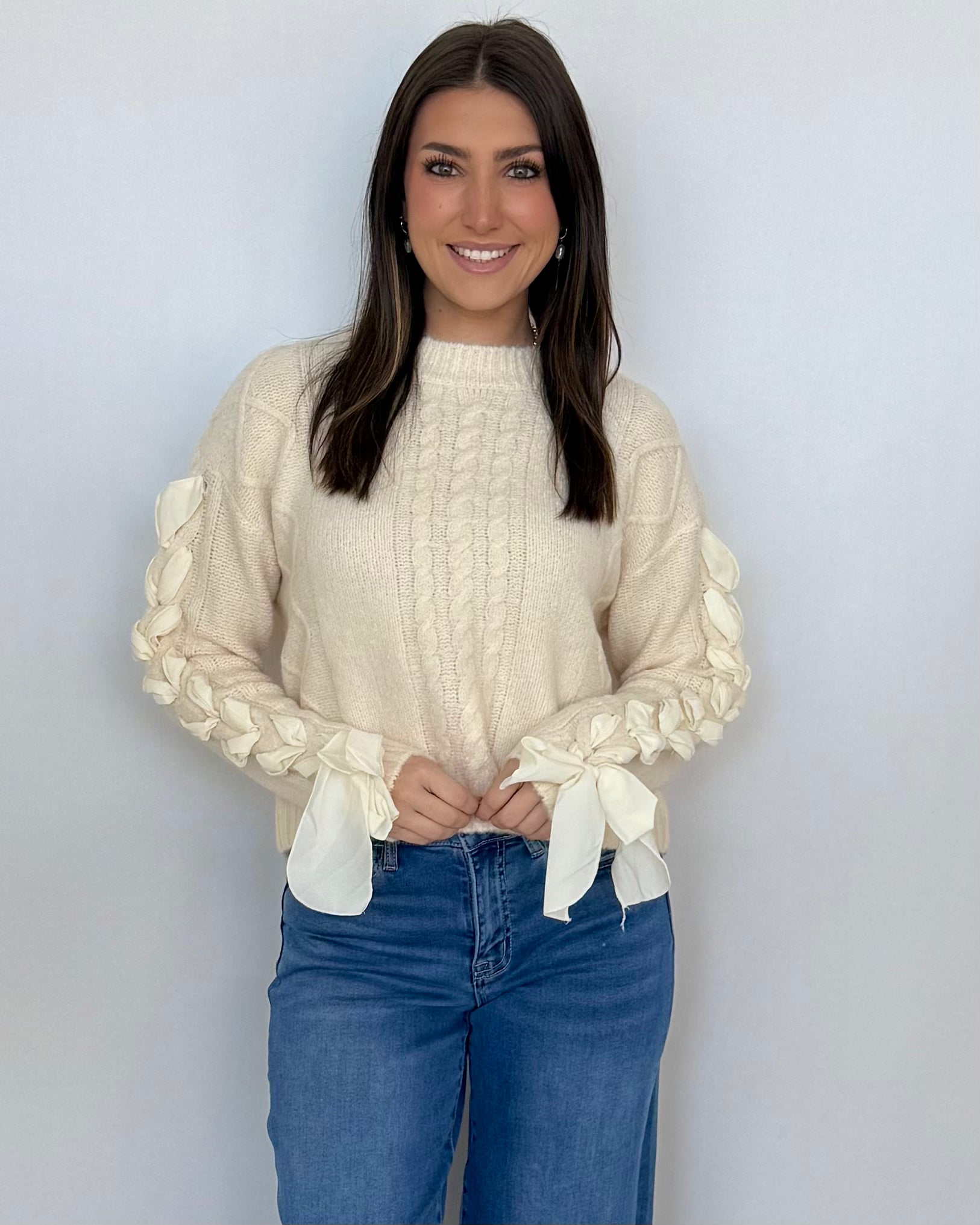 Taking Chances Oatmeal Ribbon Bow Sleeve Sweater-Shop-Womens-Boutique-Clothing