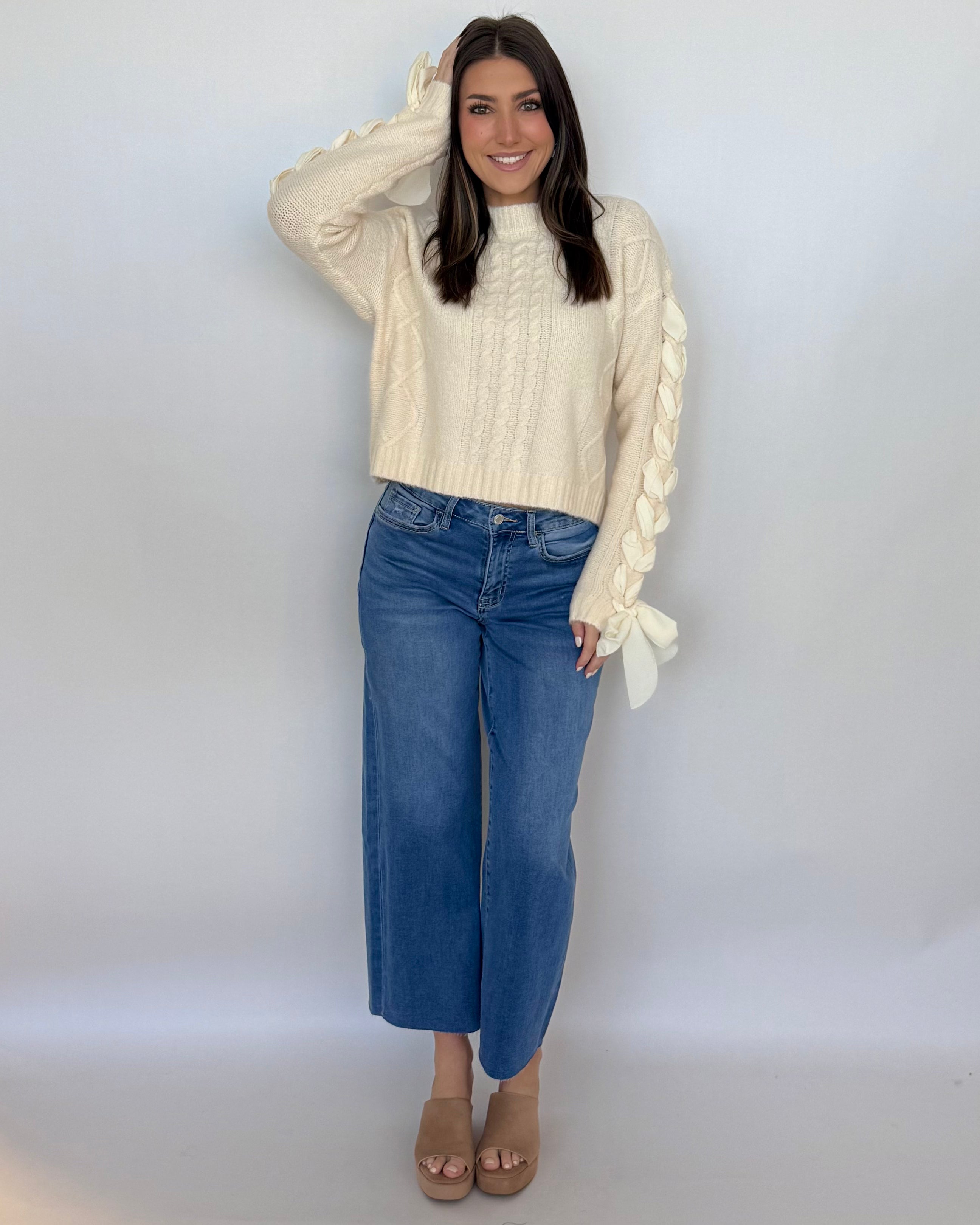Taking Chances Oatmeal Ribbon Bow Sleeve Sweater-Shop-Womens-Boutique-Clothing