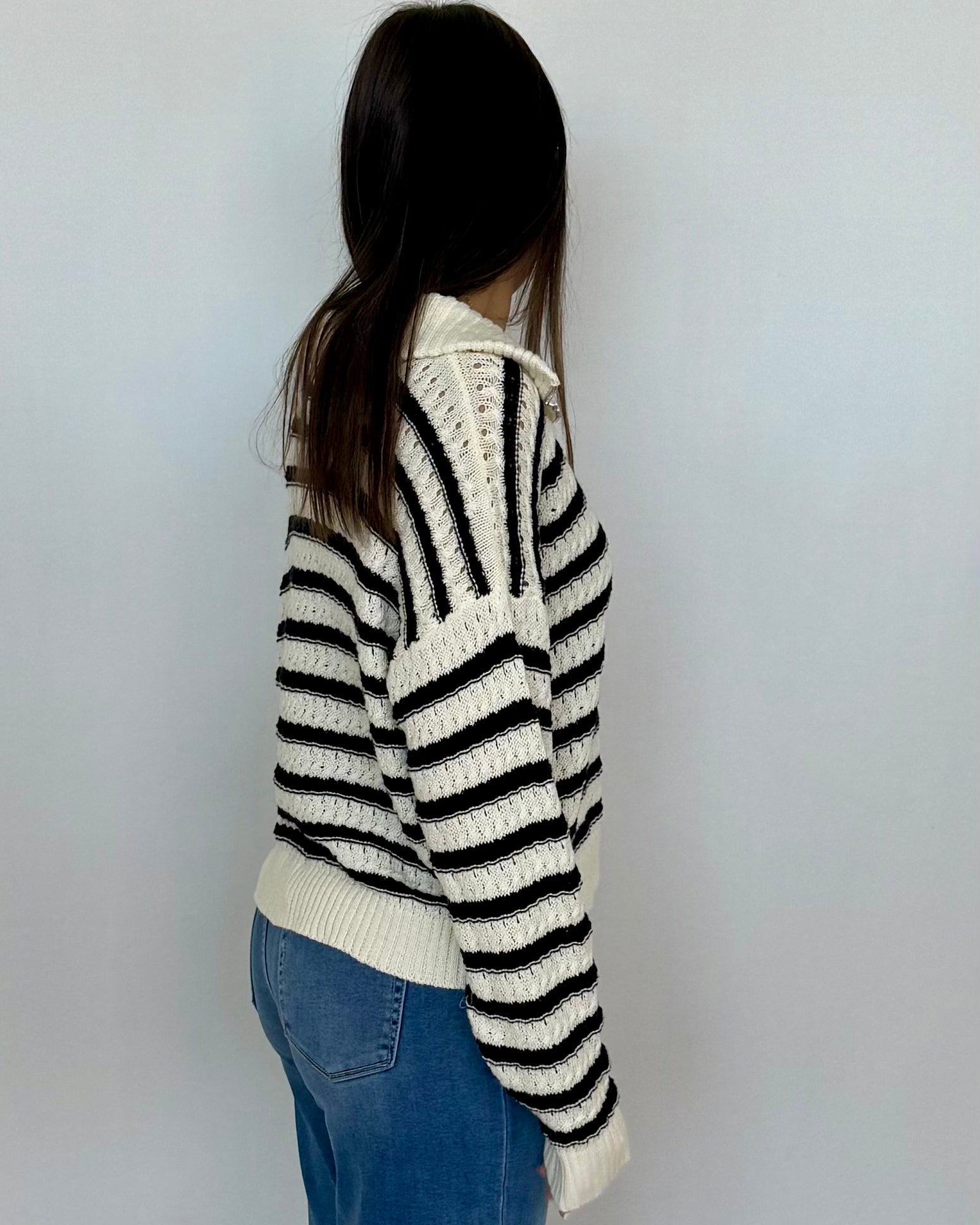 Cool Again Black/Ivory Cable Knit Zip Up Sweater-Shop-Womens-Boutique-Clothing