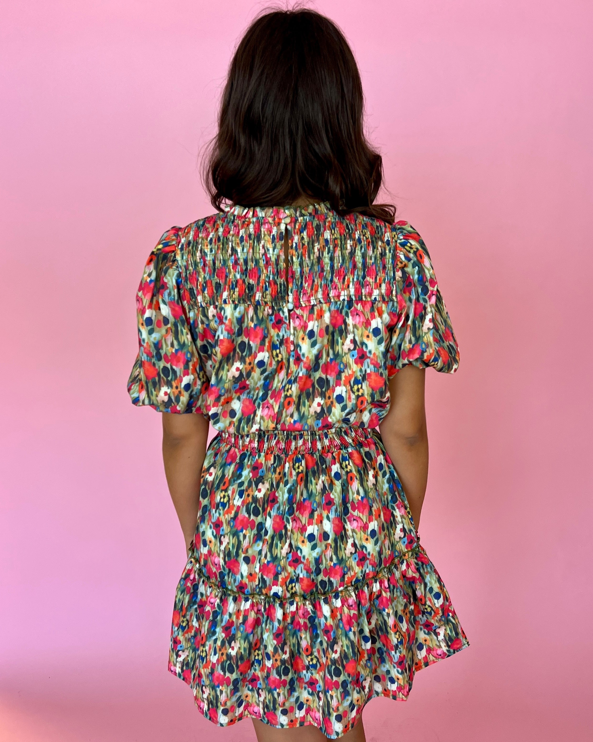 Major Charisma Olive Printed Smocked Puff Sleeve Dress-Shop-Womens-Boutique-Clothing