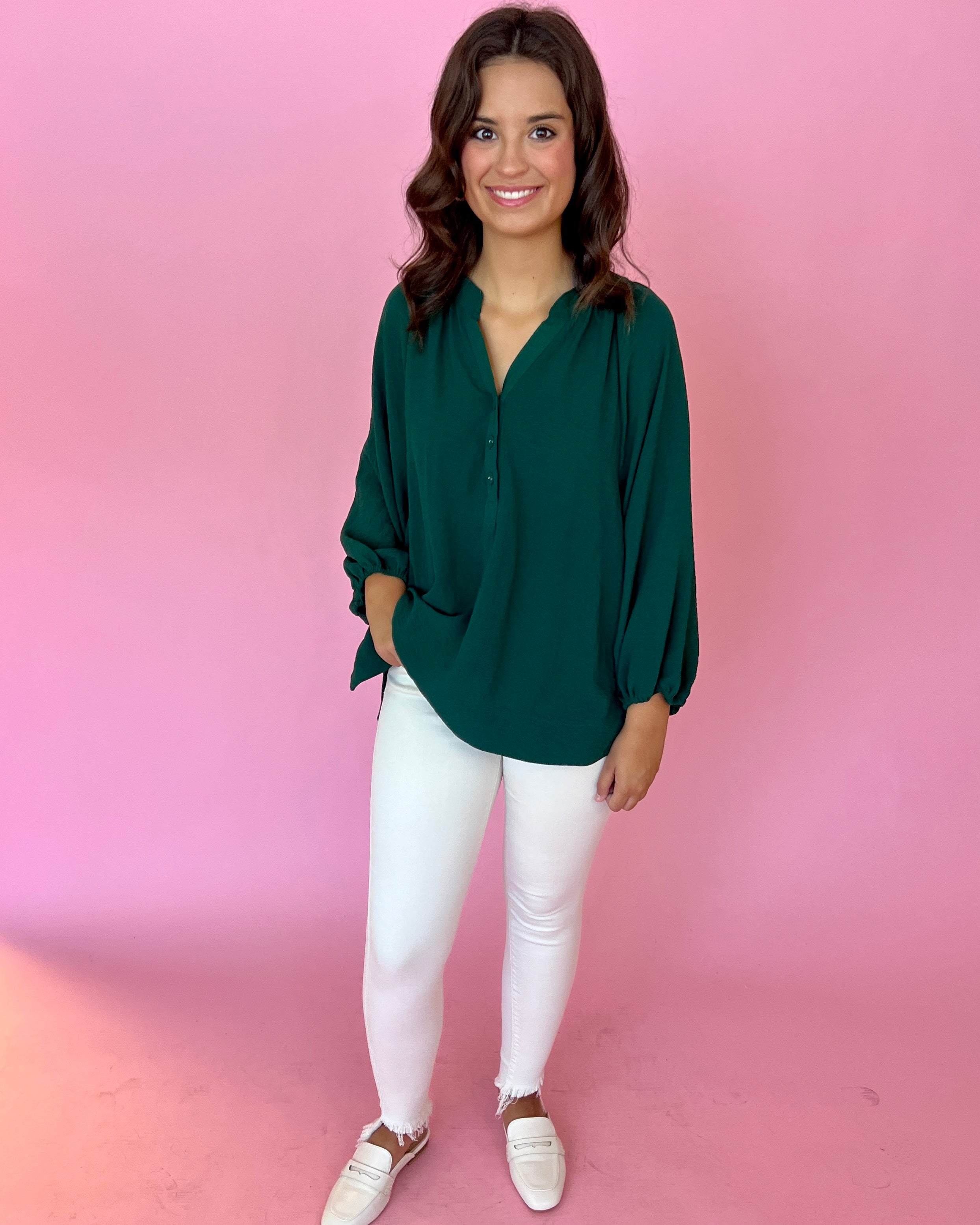 Keep It On Lock Forest Green Split Neck Button Top-Shop-Womens-Boutique-Clothing