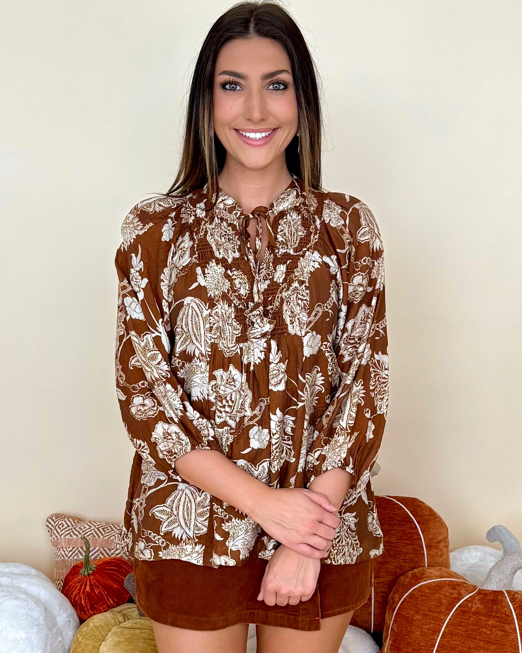 Second Look Brown Two Tone Floral Top-Shop-Womens-Boutique-Clothing