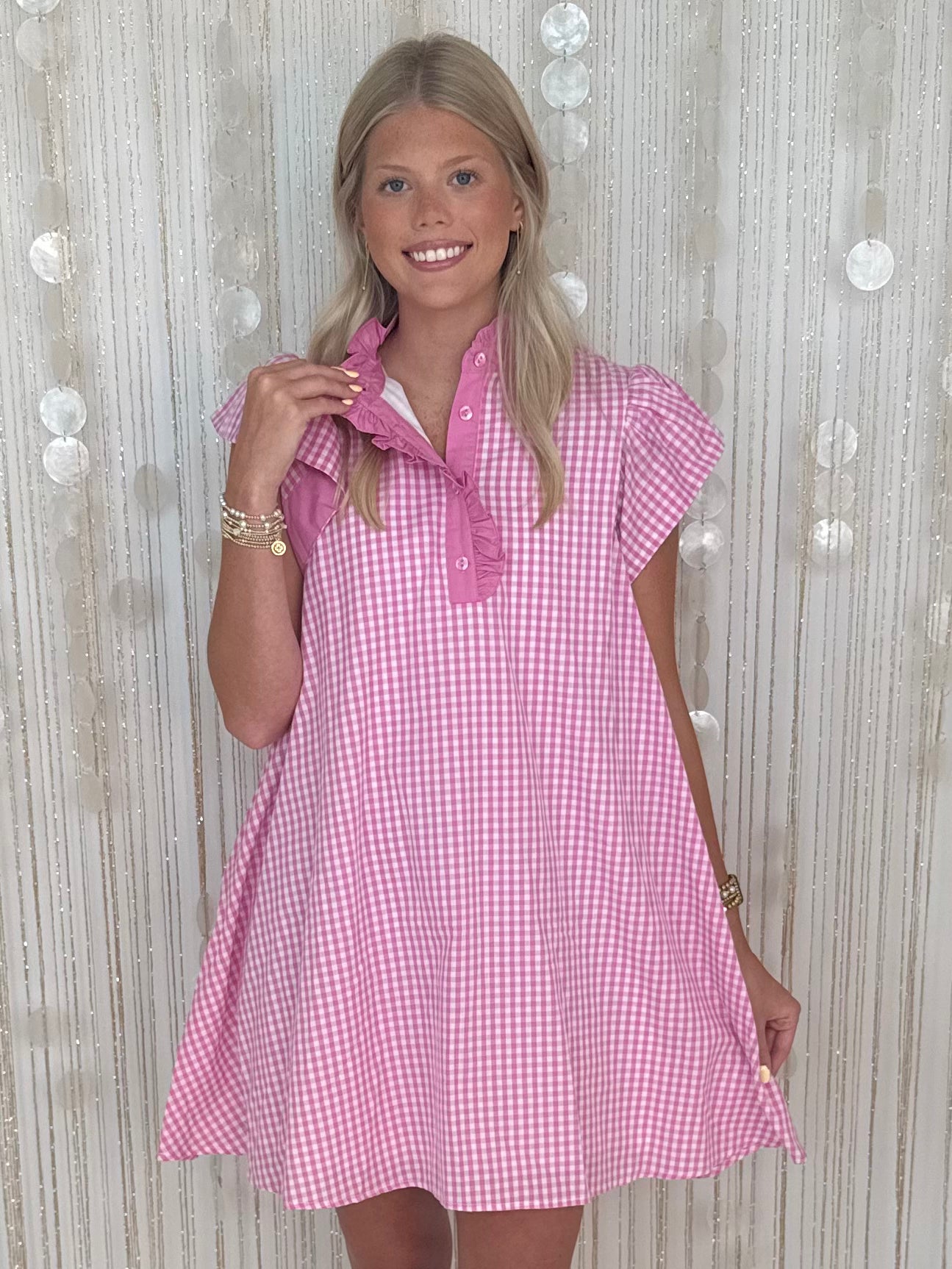 Darling Daywear Pink Gingham Ruffle Neck Dress-Shop-Womens-Boutique-Clothing