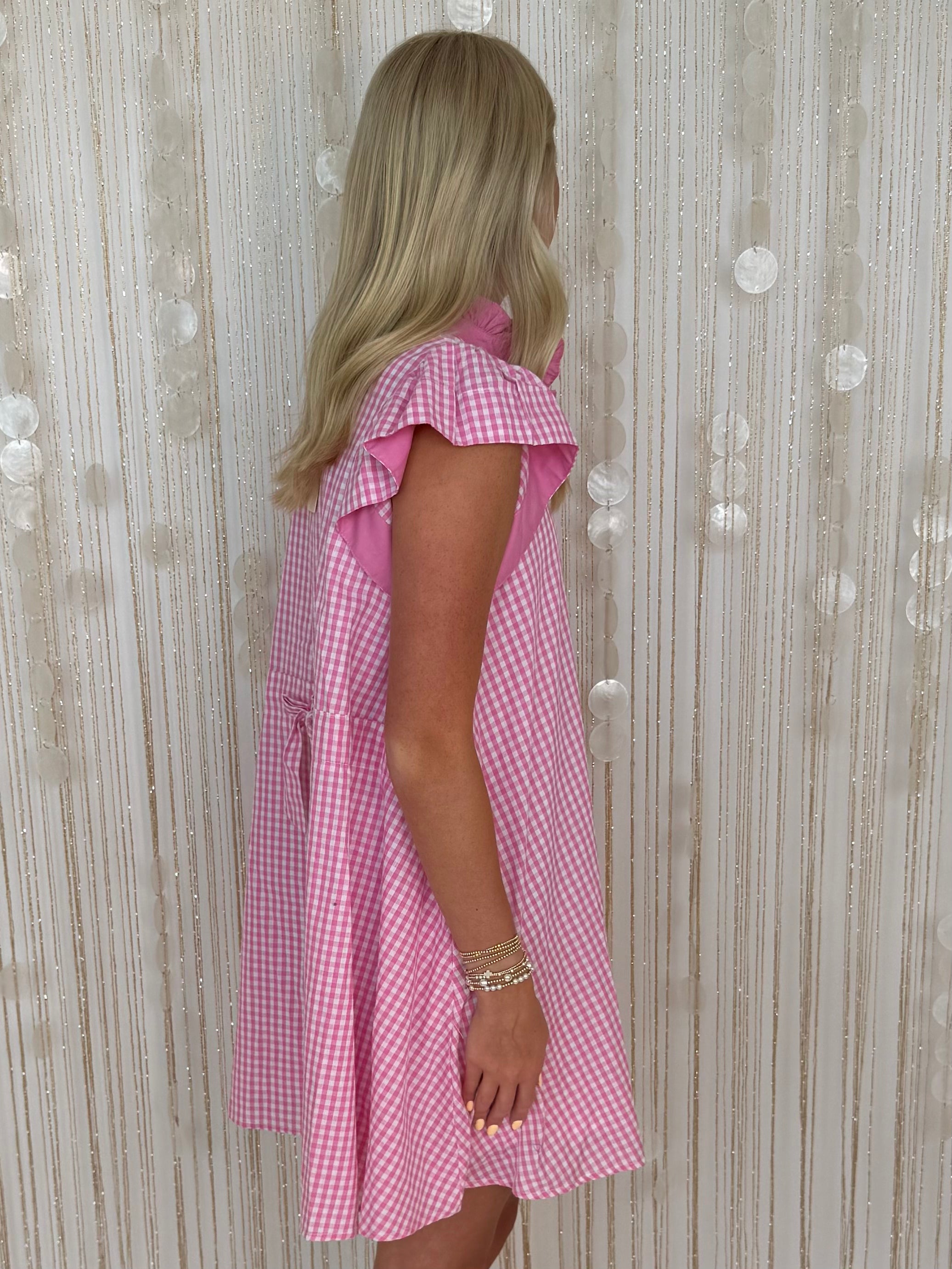 Darling Daywear Pink Gingham Ruffle Neck Dress-Shop-Womens-Boutique-Clothing