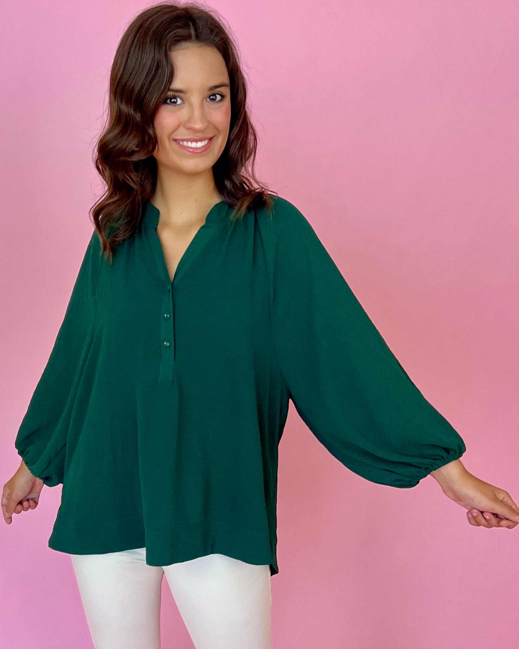 Keep It On Lock Forest Green Split Neck Button Top-Shop-Womens-Boutique-Clothing