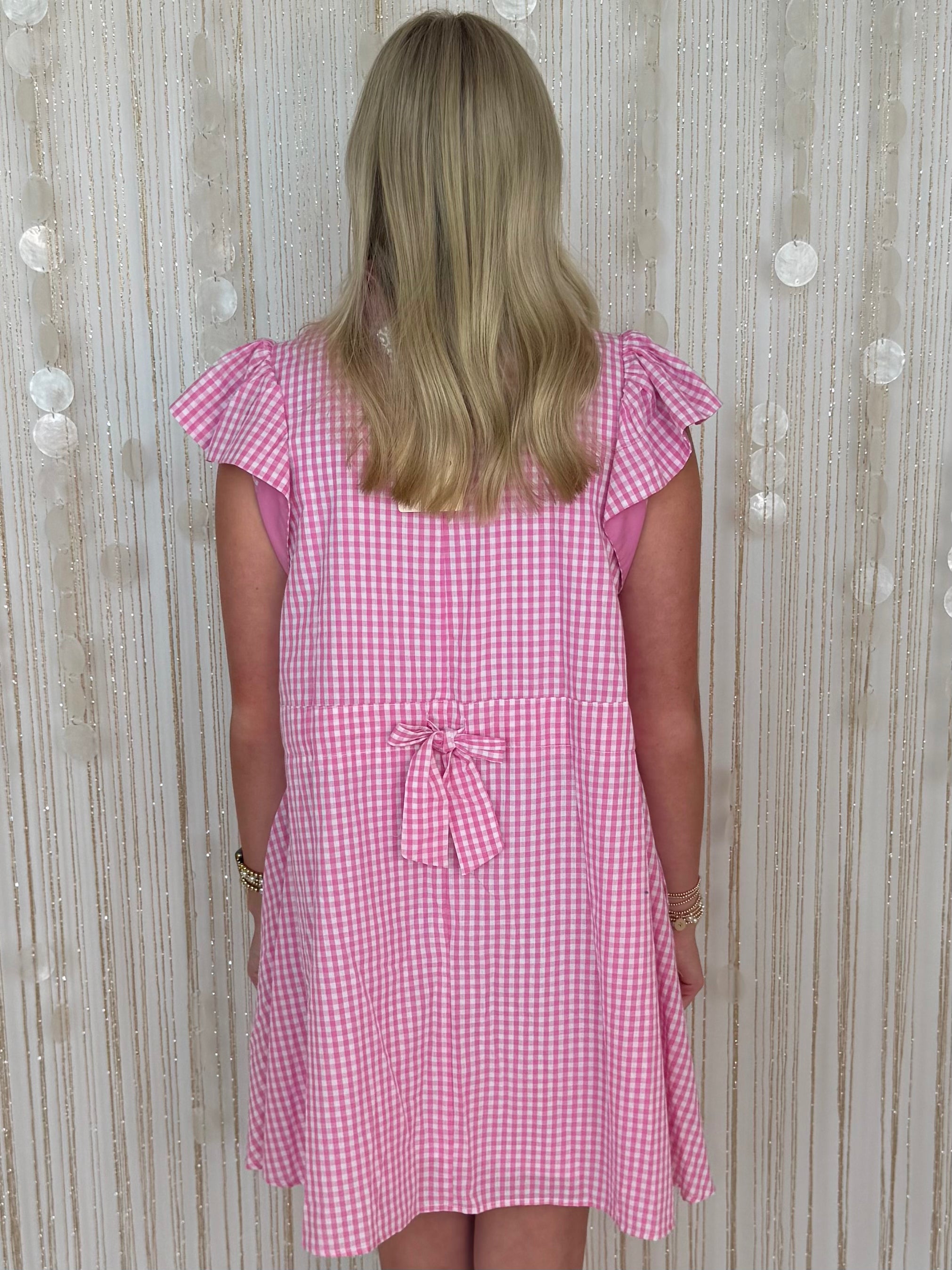 Darling Daywear Pink Gingham Ruffle Neck Dress-Shop-Womens-Boutique-Clothing