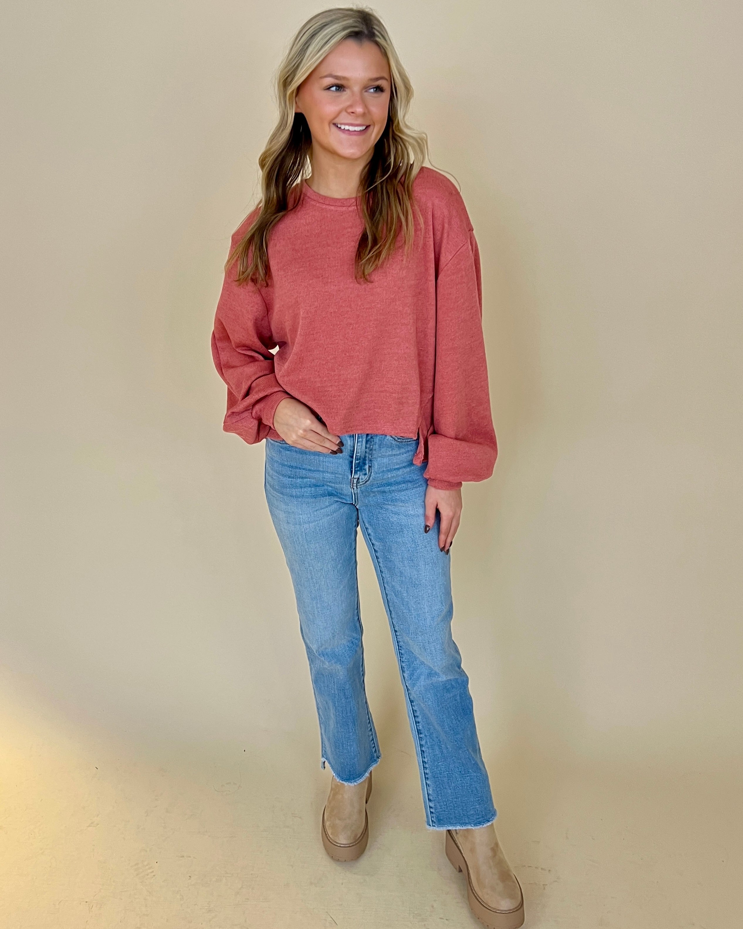 In The Works Rust Rib High Low Top-Shop-Womens-Boutique-Clothing