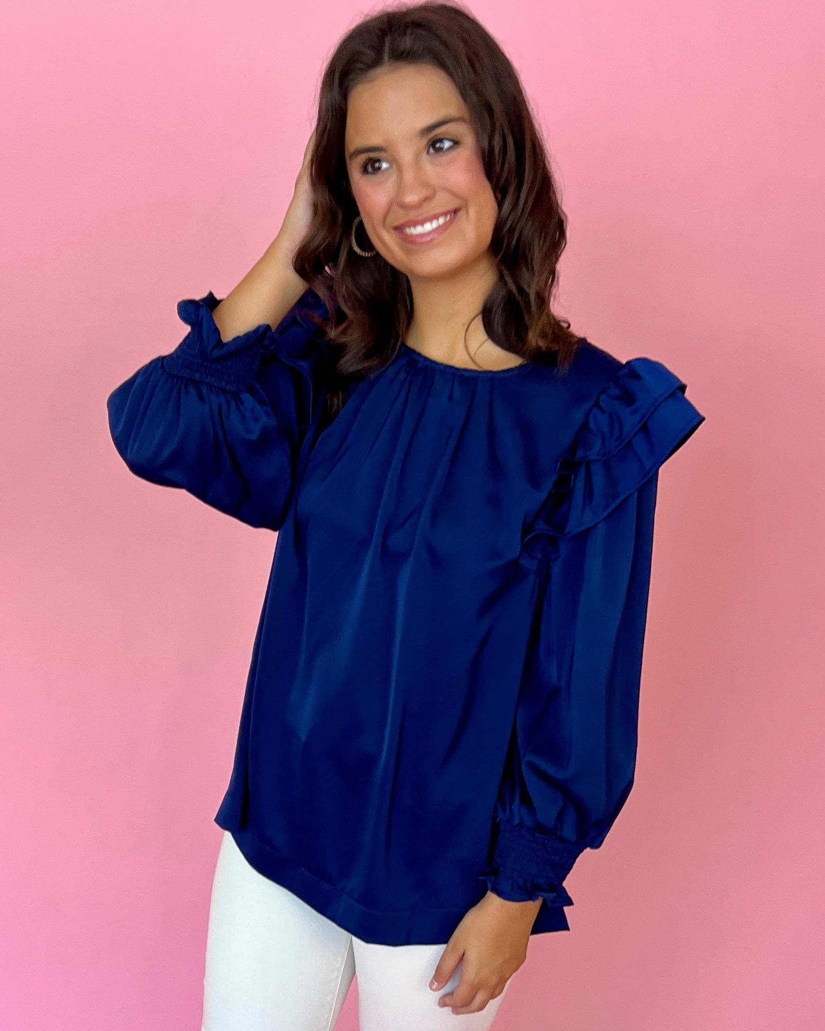 Something More Navy Satin Ruffle Shoulder Top-Shop-Womens-Boutique-Clothing