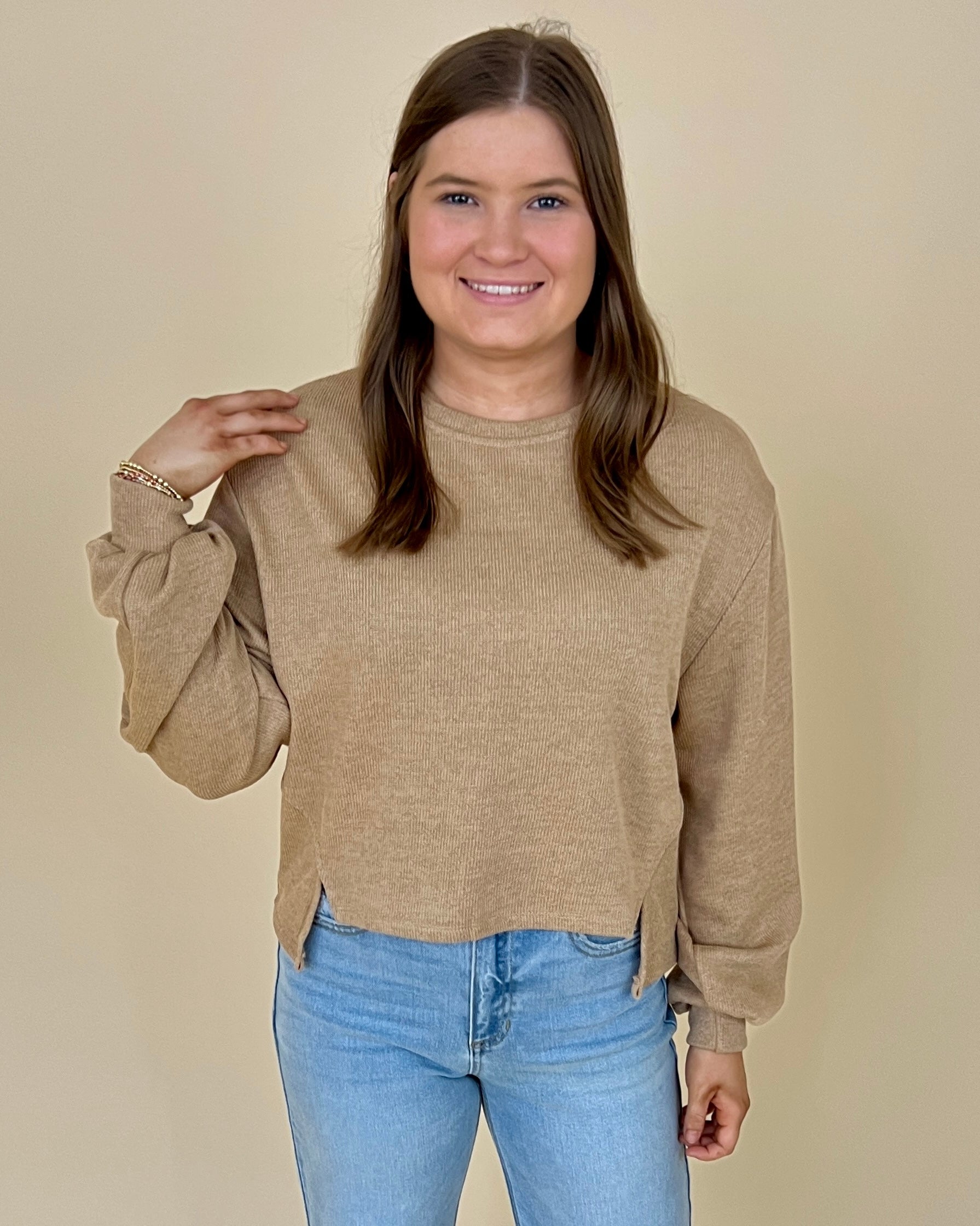 In The Works Taupe Rib High Low Top-Shop-Womens-Boutique-Clothing