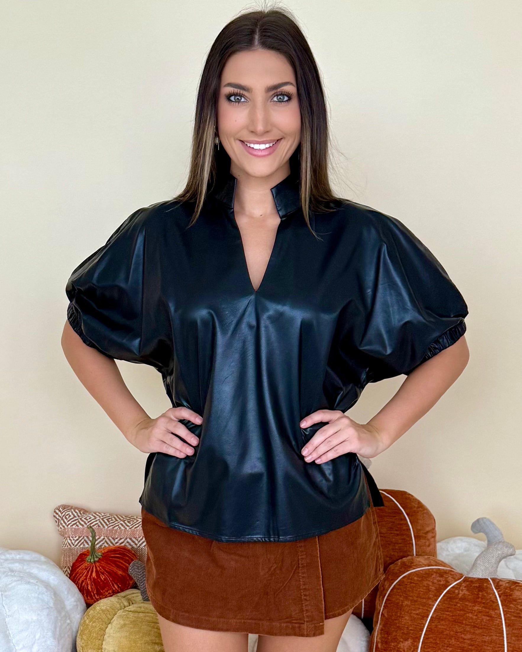Own Life Black Faux Leather V Neck Top-Shop-Womens-Boutique-Clothing