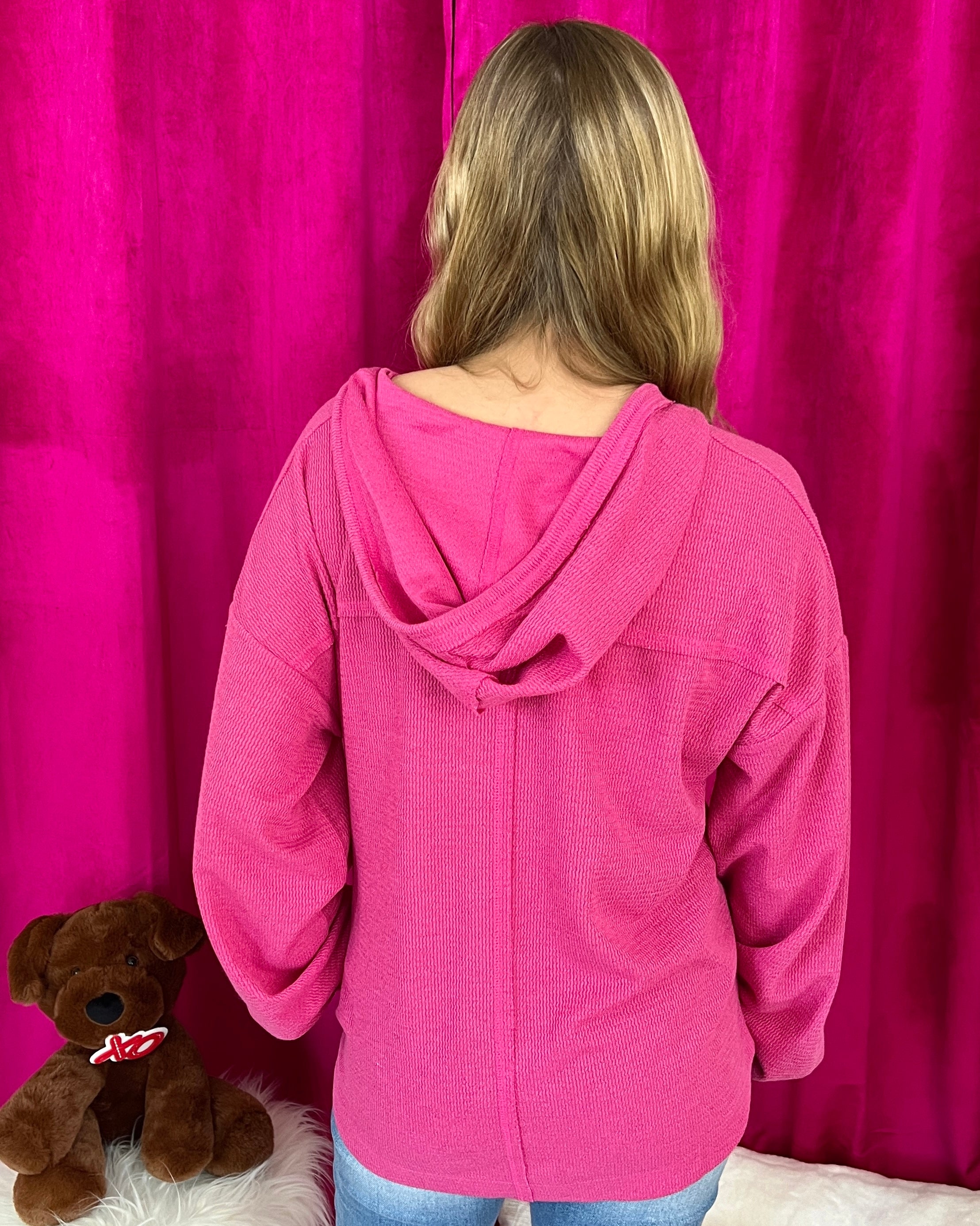 Never Knew Hot Pink Textured Hoodie Top-Shop-Womens-Boutique-Clothing