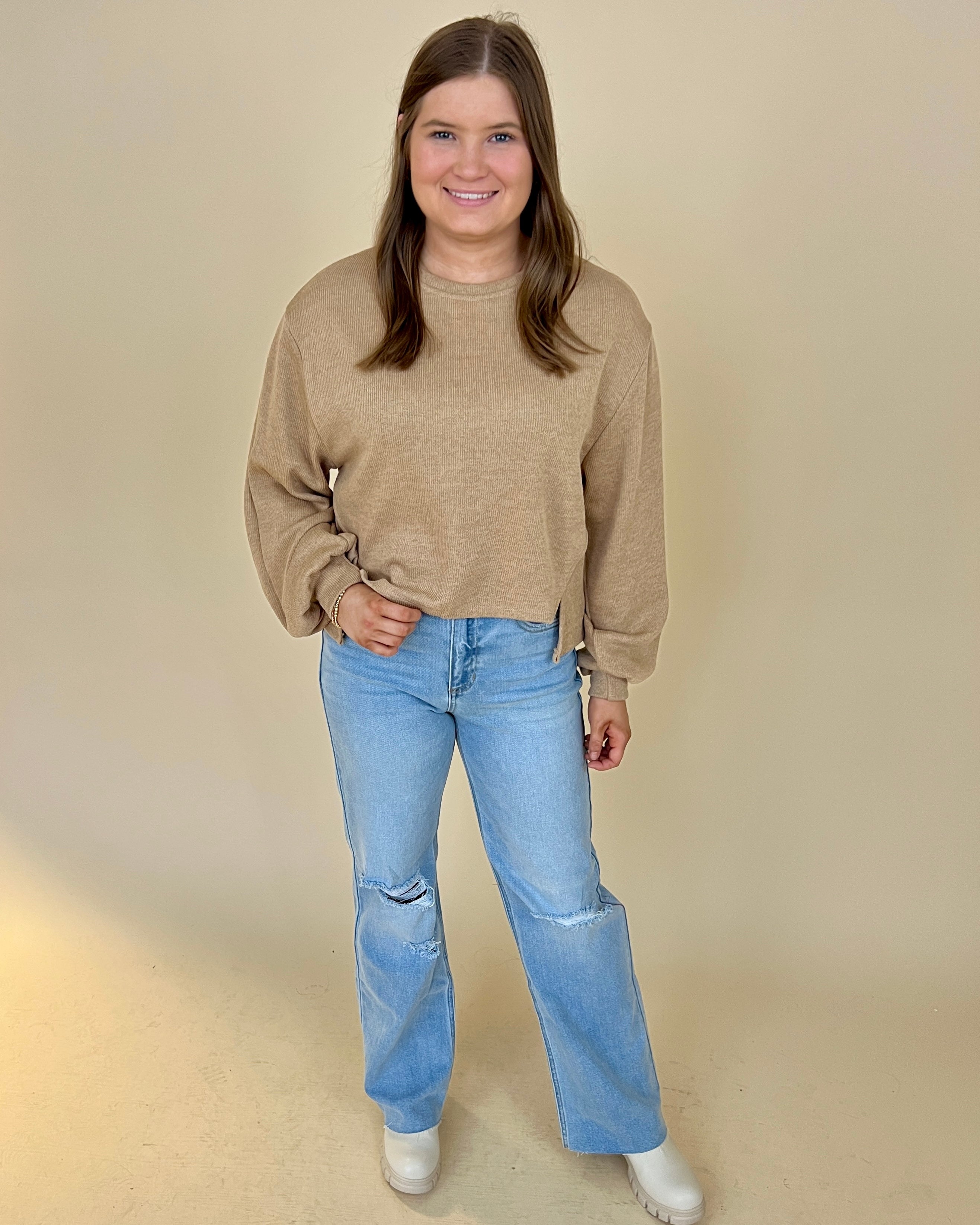 In The Works Taupe Rib High Low Top-Shop-Womens-Boutique-Clothing