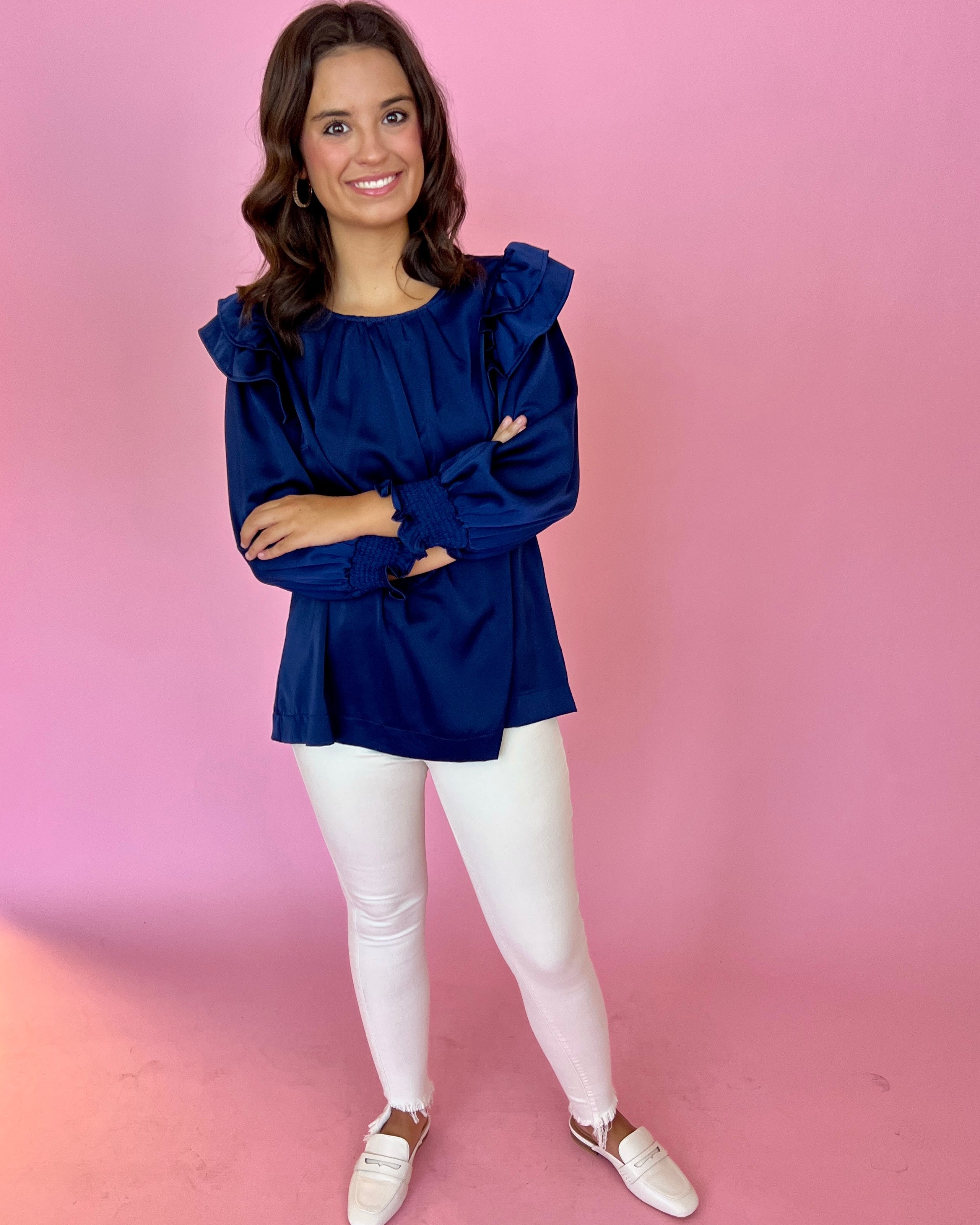 Something More Navy Satin Ruffle Shoulder Top-Shop-Womens-Boutique-Clothing
