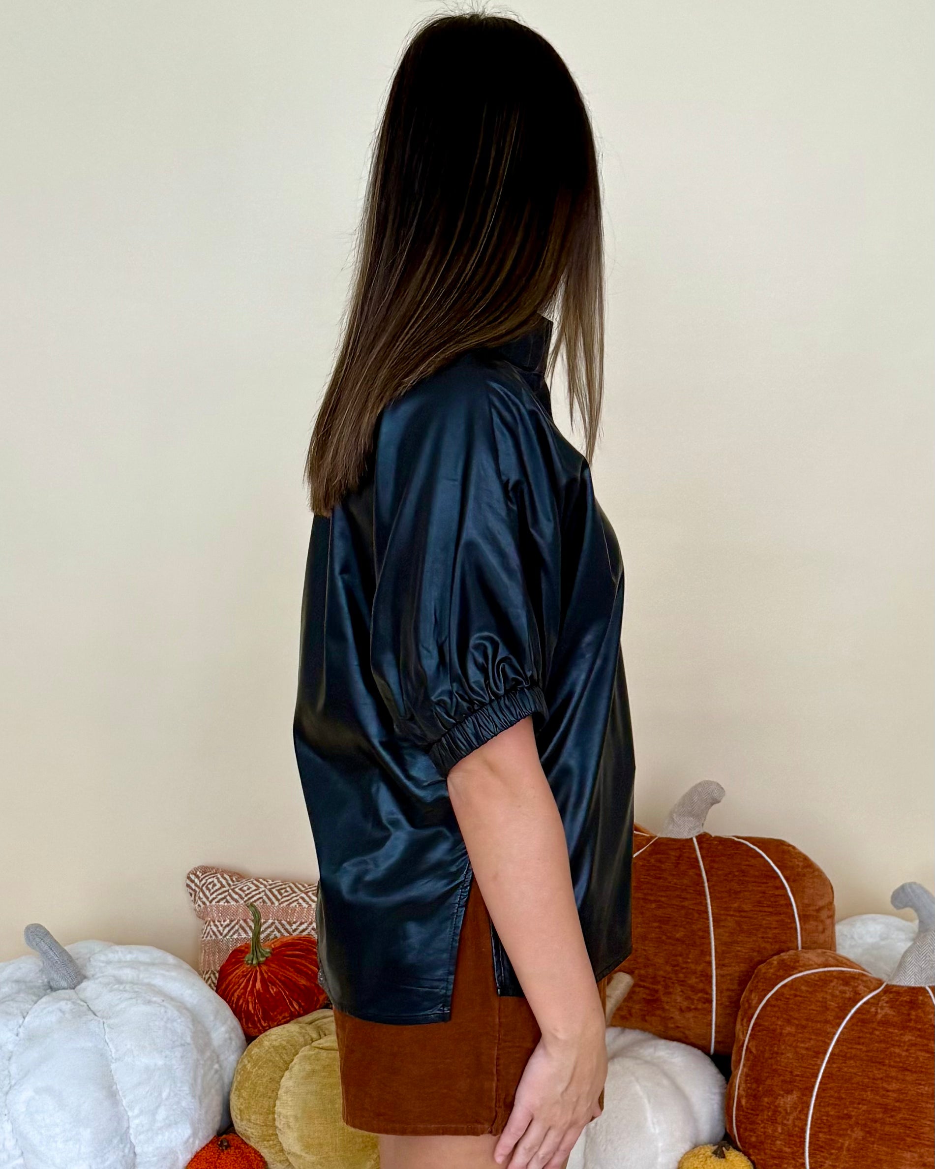 Own Life Black Faux Leather V Neck Top-Shop-Womens-Boutique-Clothing